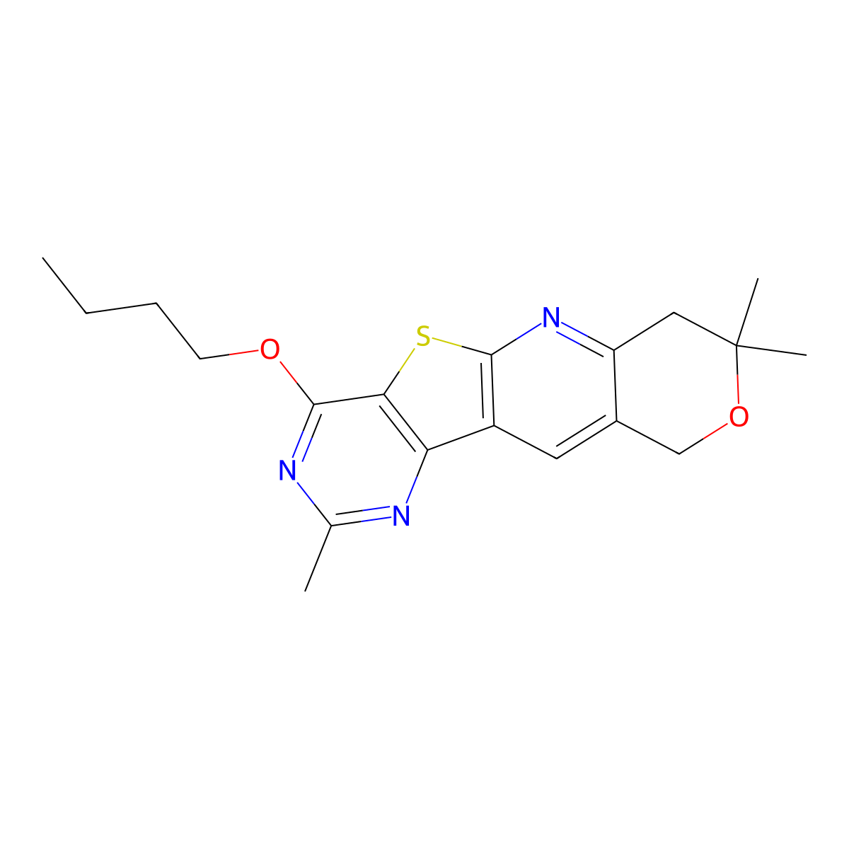 4-butoxy-2,8,8-trimethyl-8,10-dihydro-7H-pyrano[3'',4'':5',6']pyrido[3',2':4,5]thieno[3,2-d]pyrimidine molecular structure, CAS 378767-25-0