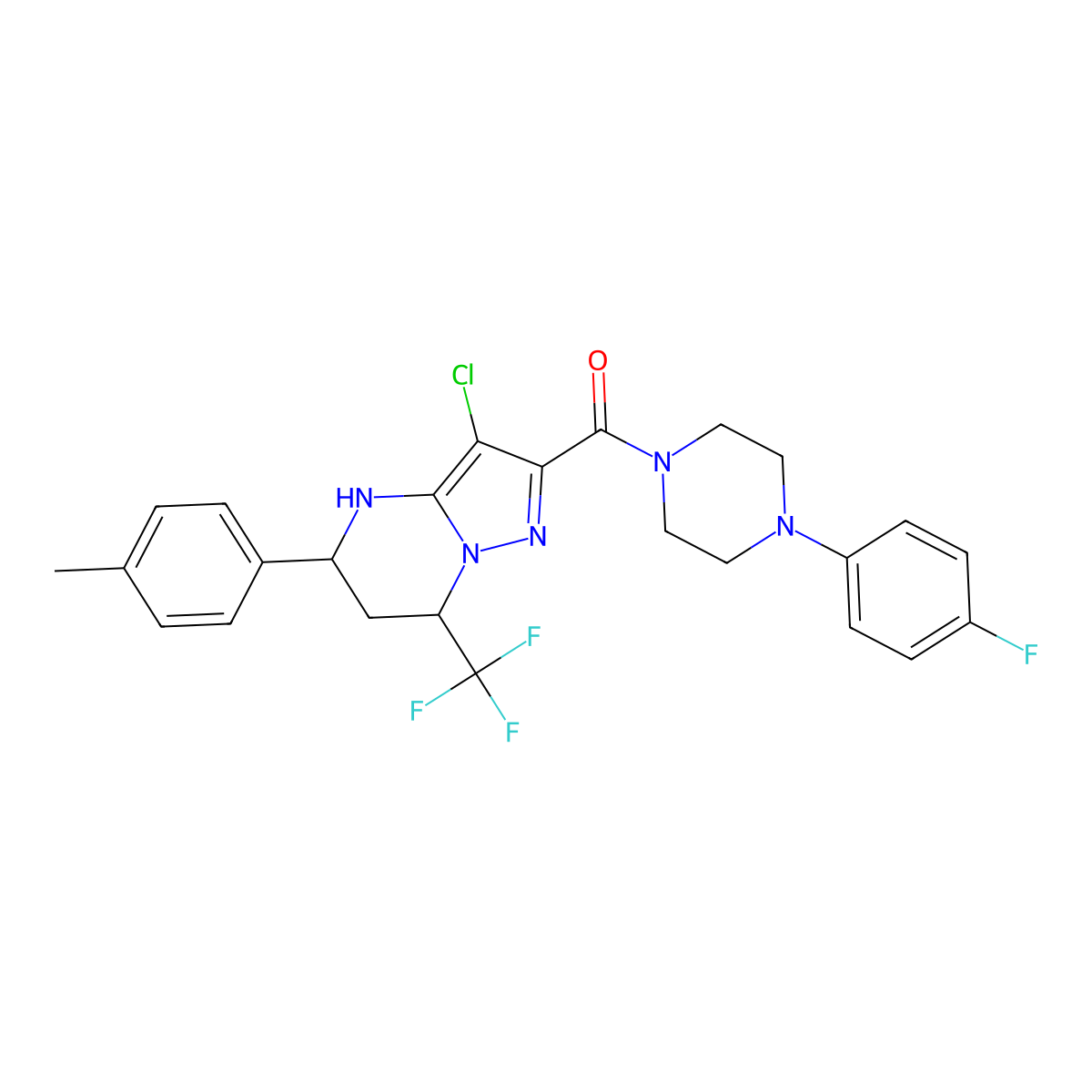 [3-Chloro-5-(4-methylphenyl)-7-(trifluoromethyl)-4,5,6,7-tetrahydropyrazolo[1,5-a]pyrimidin-2-yl][4-(4-fluorophenyl)piperazin-1-yl]methanone molecular structure, CAS 378768-58-2