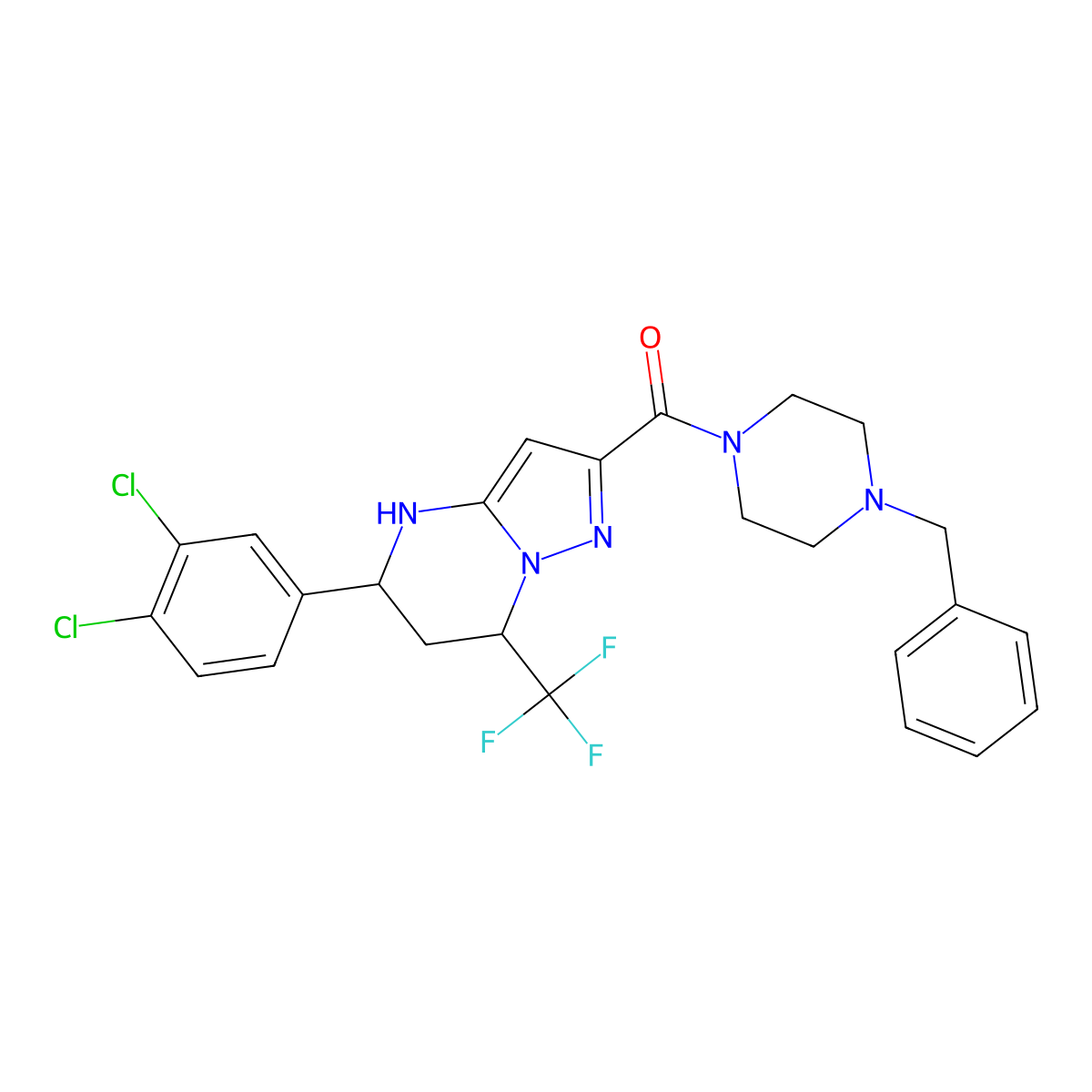 (4-Benzylpiperazin-1-yl)(5-(3,4-dichlorophenyl)-7-(trifluoromethyl)-4,5,6,7-tetrahydropyrazolo[1,5-a]pyrimidin-2-yl)methanone molecular structure, CAS 378768-77-5