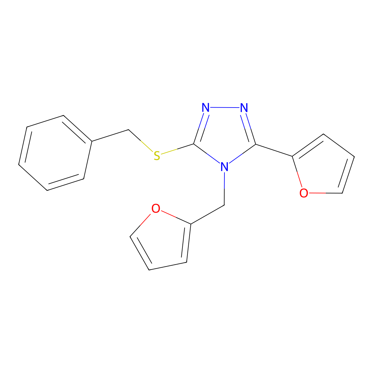 3-(benzylsulfanyl)-5-(furan-2-yl)-4-(furan-2-ylmethyl)-4H-1,2,4-triazole molecular structure, CAS 378769-22-3