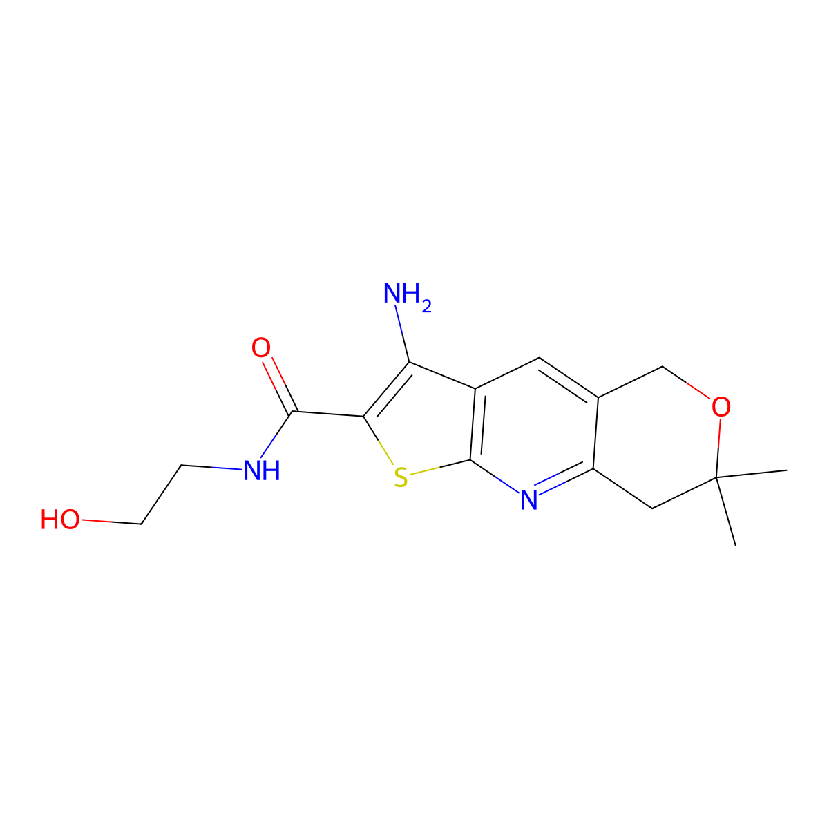 3-amino-N-(2-hydroxyethyl)-7,7-dimethyl-7,8-dihydro-5H-pyrano[4,3-b]thieno[3,2-e]pyridine-2-carboxamide molecular structure, CAS 378769-47-2