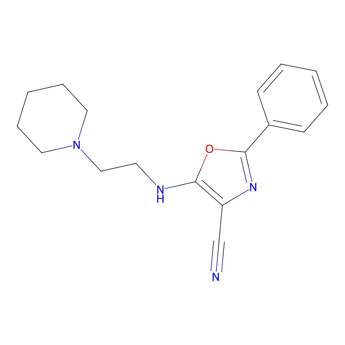 2-Phenyl-5-(2-piperidin-1-ylethylamino)-1,3-oxazole-4-carbonitrile molecular structure, CAS 378769-98-3