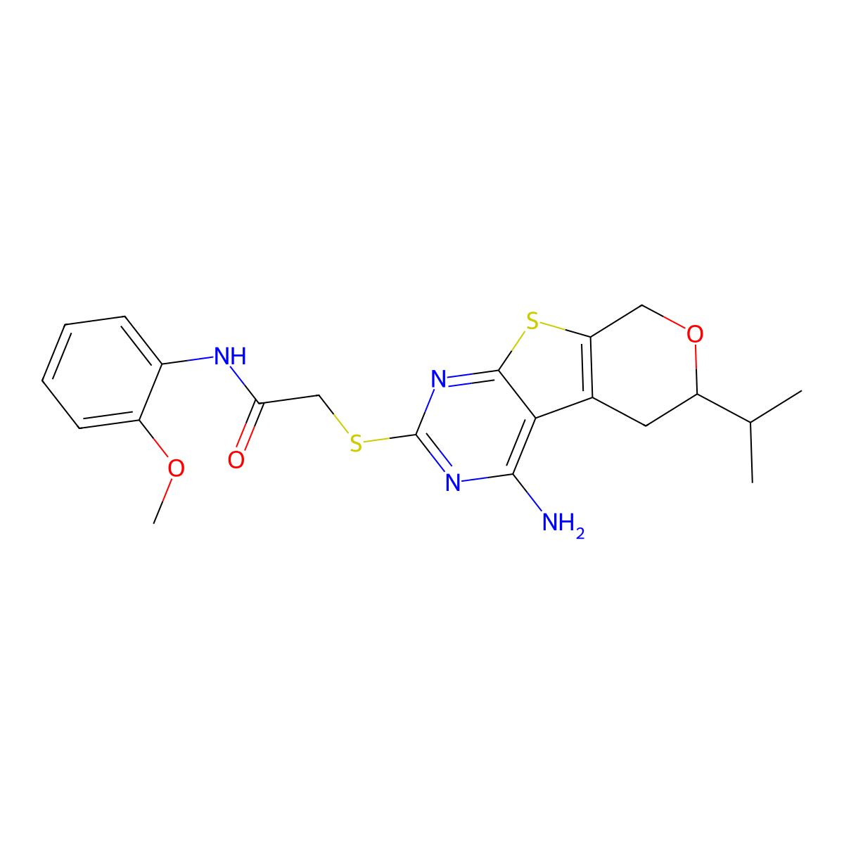 2-{[4-amino-6-(propan-2-yl)-5,8-dihydro-6H-pyrano[4',3':4,5]thieno[2,3-d]pyrimidin-2-yl]sulfanyl}-N-(2-methoxyphenyl)acetamide molecular structure, CAS 378770-75-3
