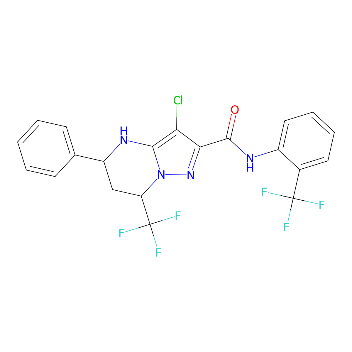 3-chloro-5-phenyl-7-(trifluoromethyl)-N-[2-(trifluoromethyl)phenyl]-4,5,6,7-tetrahydropyrazolo[1,5-a]pyrimidine-2-carboxamide molecular structure, CAS 378771-19-8