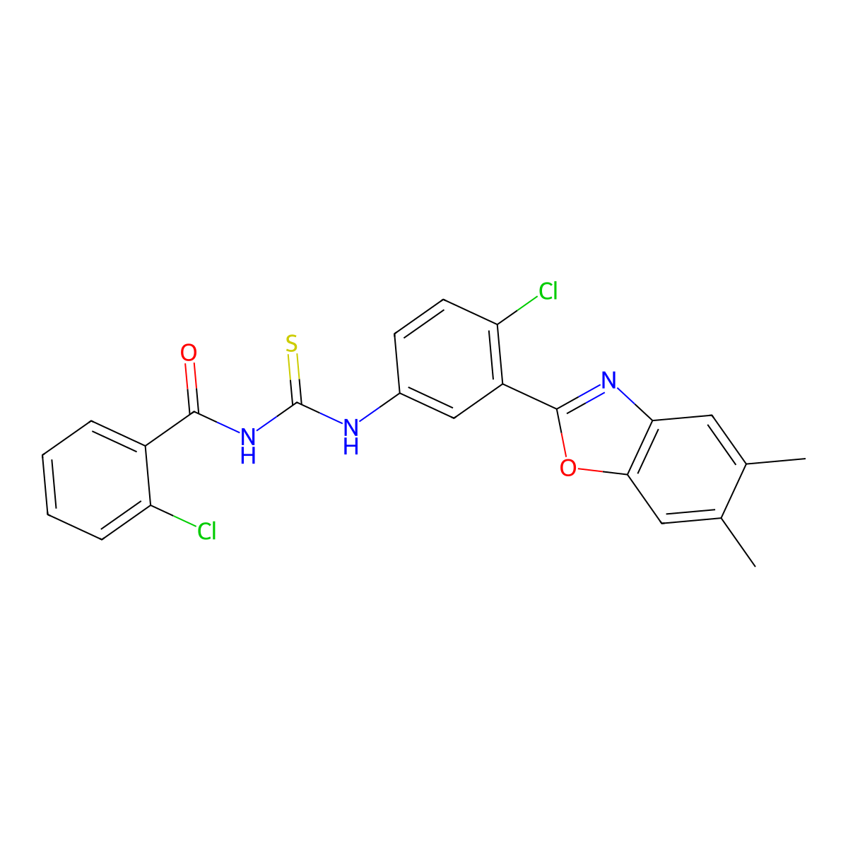 2-chloro-N-[[4-chloro-3-(5,6-dimethyl-1,3-benzoxazol-2-yl)phenyl]carbamothioyl]benzamide molecular structure, CAS 378772-87-3