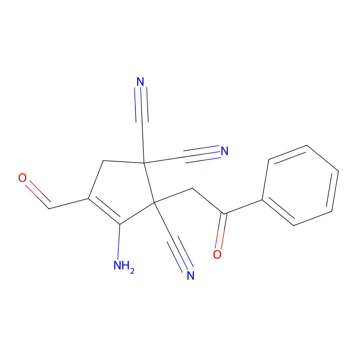 3-Amino-4-formyl-2-(2-oxo-2-phenylethyl)cyclopent-3-ene-1,1,2-tricarbonitrile molecular structure, CAS 378773-16-1