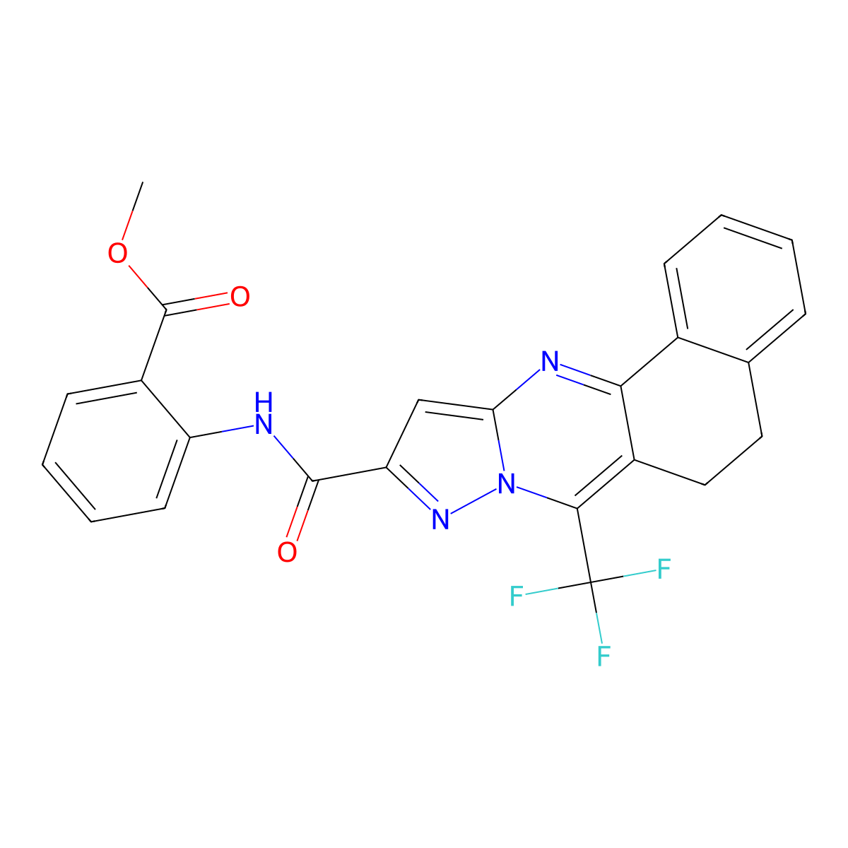 Methyl 2-(7-(trifluoromethyl)-5,6-dihydrobenzo[h]pyrazolo[5,1-b]quinazoline-10-carboxamido)benzoate molecular structure, CAS 378773-51-4