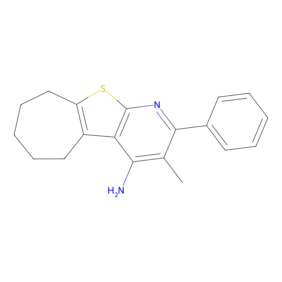 3-methyl-2-phenyl-6,7,8,9-tetrahydro-5H-cyclohepta[4,5]thieno[2,3-b]pyridin-4-amine molecular structure, CAS 378774-32-4