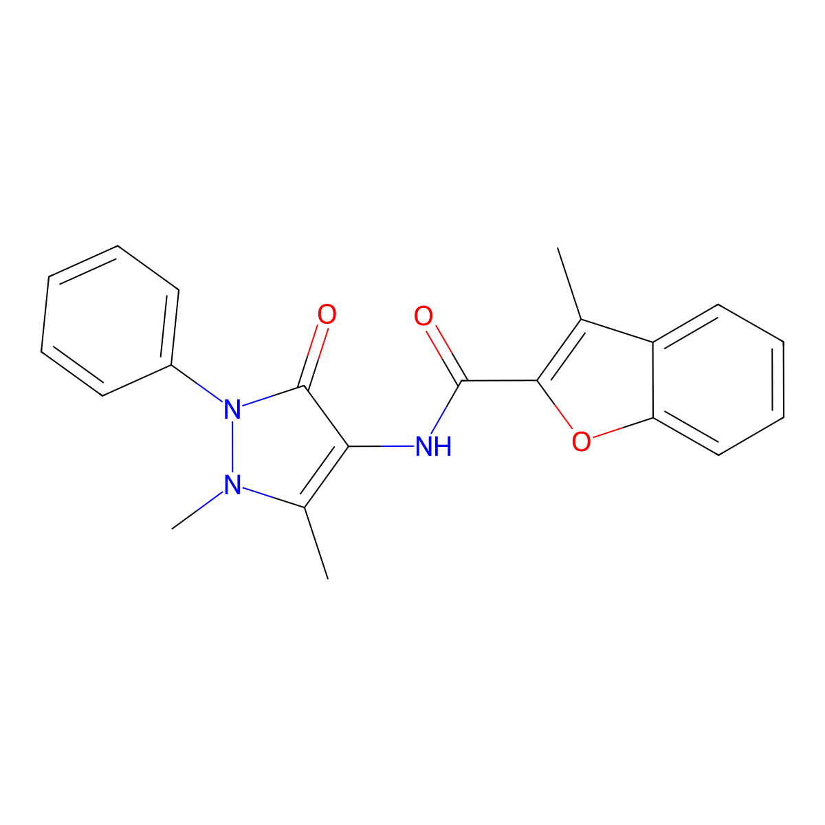 N-(1,5-Dimethyl-3-oxo-2-phenyl-2,3-dihydro-1H-pyrazol-4-YL)-3-methyl-1-benzofuran-2-carboxamide molecular structure, CAS 378775-33-8