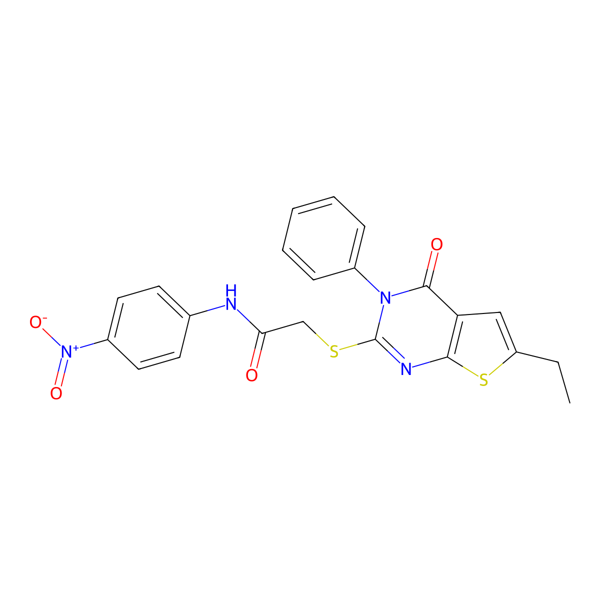 2-((6-ethyl-4-oxo-3-phenyl-3,4-dihydrothieno[2,3-d]pyrimidin-2-yl)thio)-N-(4-nitrophenyl)acetamide molecular structure, CAS 378775-68-9