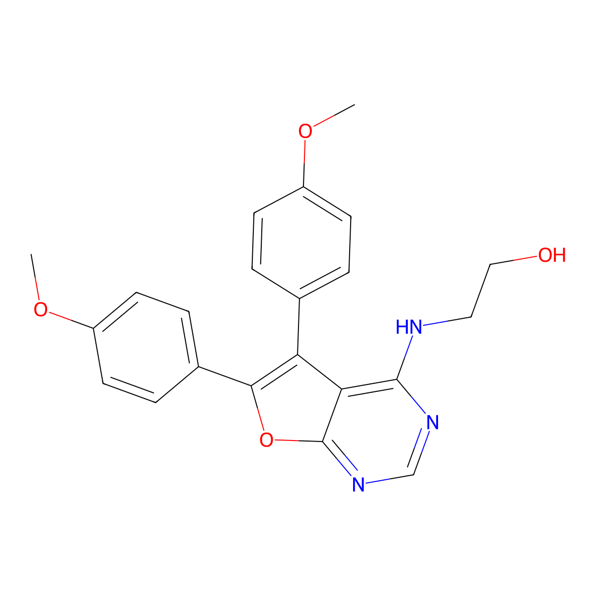 2-[5,6-Bis-(4-methoxy-phenyl)-furo[2,3-d]pyrimidin-4-ylamino]-ethanol molecular structure, CAS 378775-98-5