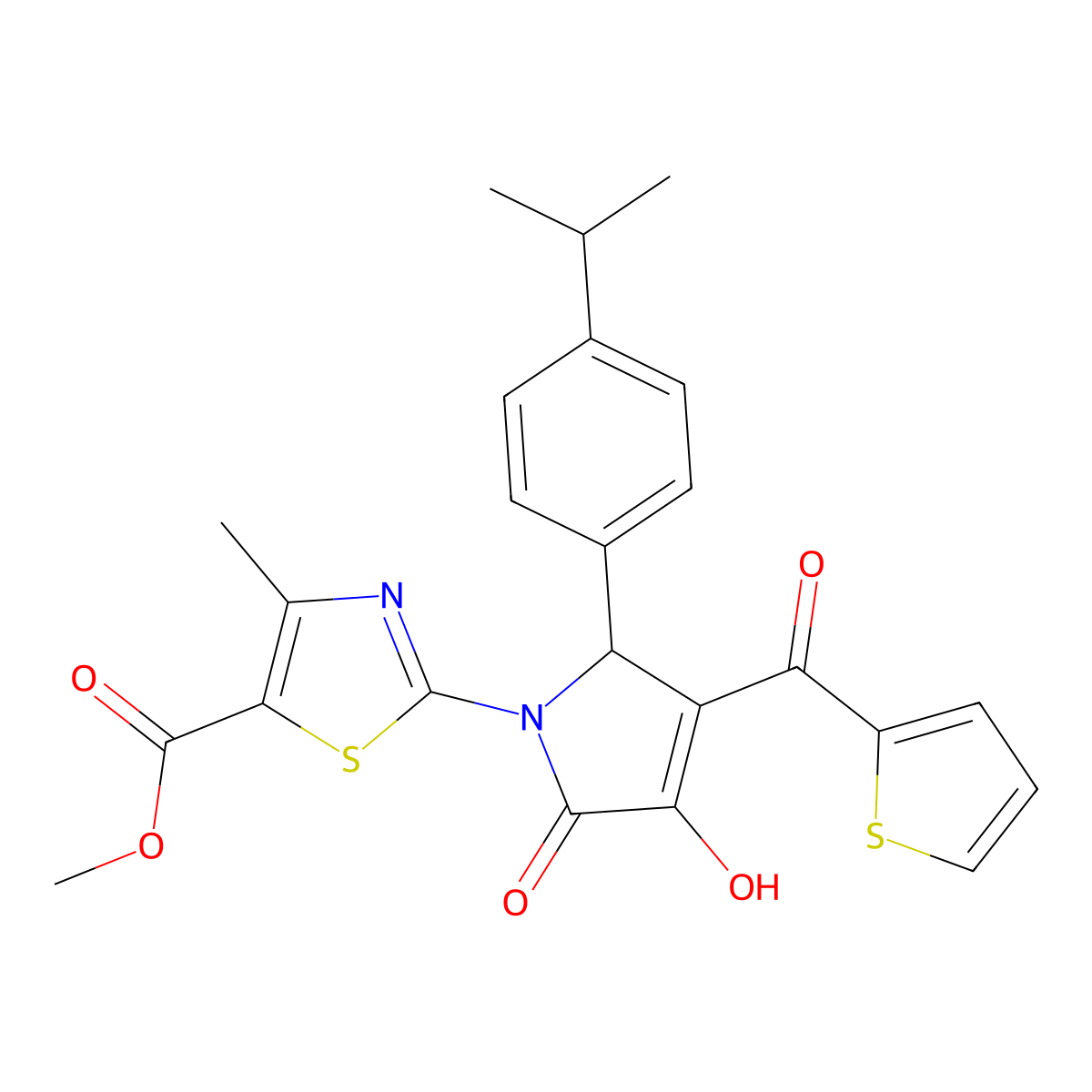 methyl 2-{3-hydroxy-2-oxo-5-[4-(propan-2-yl)phenyl]-4-(thiophen-2-ylcarbonyl)-2,5-dihydro-1H-pyrrol-1-yl}-4-methyl-1,3-thiazole-5-carboxylate molecular structure, CAS 378779-49-8