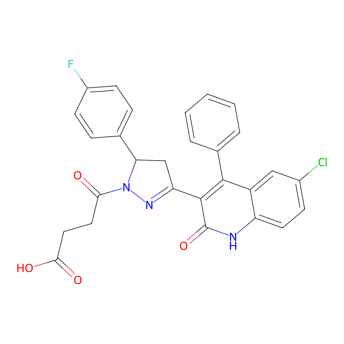 4-(3-(6-chloro-2-hydroxy-4-phenylquinolin-3-yl)-5-(4-fluorophenyl)-4,5-dihydro-1H-pyrazol-1-yl)-4-oxobutanoic acid molecular structure, CAS 378779-69-2