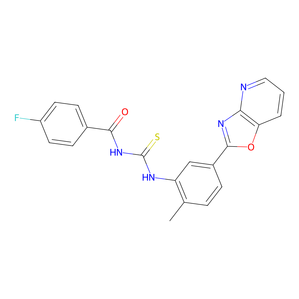 4-fluoro-N-[[2-methyl-5-([1,3]oxazolo[4,5-b]pyridin-2-yl)phenyl]carbamothioyl]benzamide molecular structure, CAS 378779-83-0