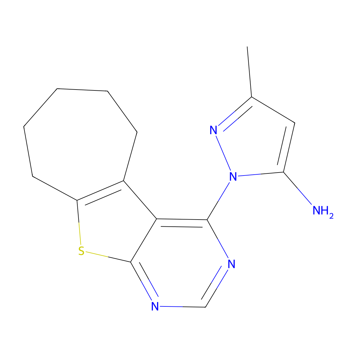 3-methyl-1-(6,7,8,9-tetrahydro-5H-cyclohepta[4,5]thieno[2,3-d]pyrimidin-4-yl)-1H-pyrazol-5-amine molecular structure, CAS 378786-21-1