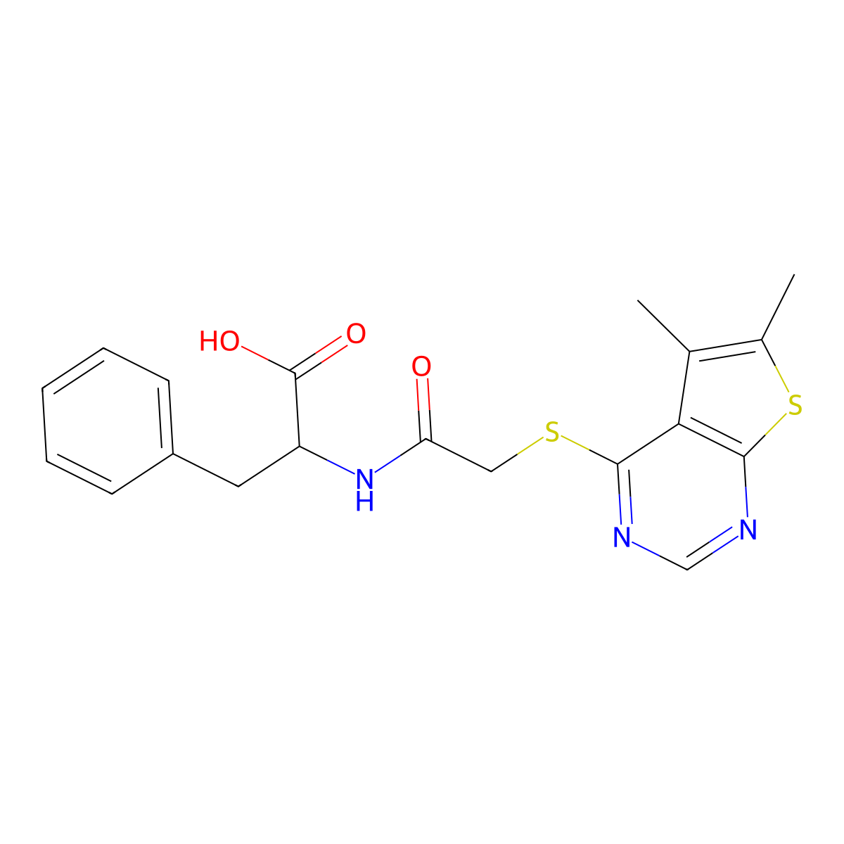 2-(2-((5,6-Dimethylthieno[2,3-d]pyrimidin-4-yl)thio)acetamido)-3-phenylpropanoic acid molecular structure, CAS 378788-75-1