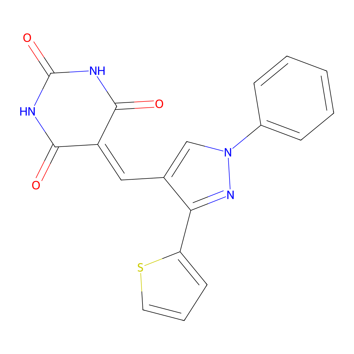 5-[(1-Phenyl-3-thiophen-2-ylpyrazol-4-yl)methylidene]-1,3-diazinane-2,4,6-trione molecular structure, CAS 379218-74-3