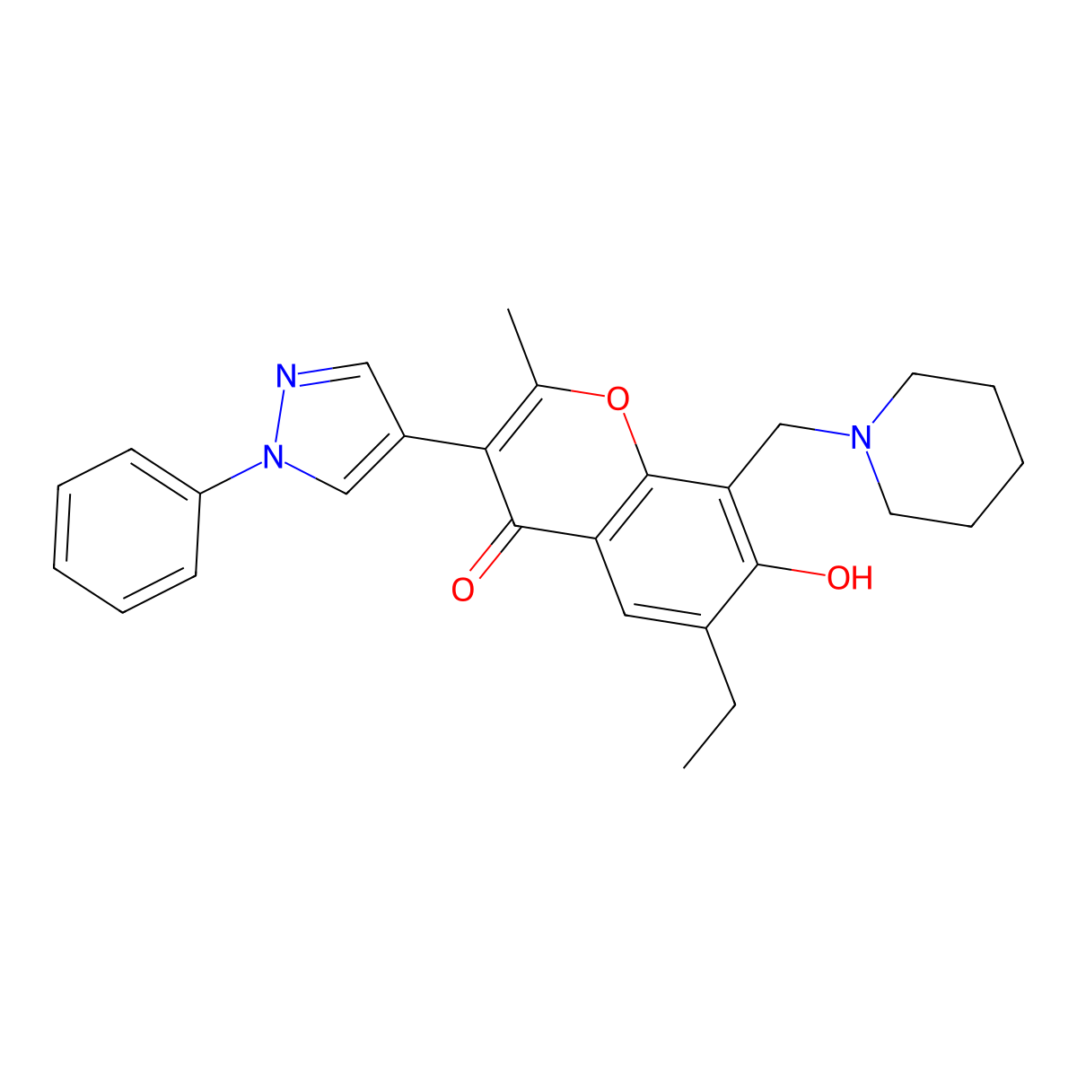 6-ethyl-7-hydroxy-2-methyl-3-(1-phenyl-1H-pyrazol-4-yl)-8-(piperidin-1-ylmethyl)-4H-chromen-4-one molecular structure, CAS 379218-89-0