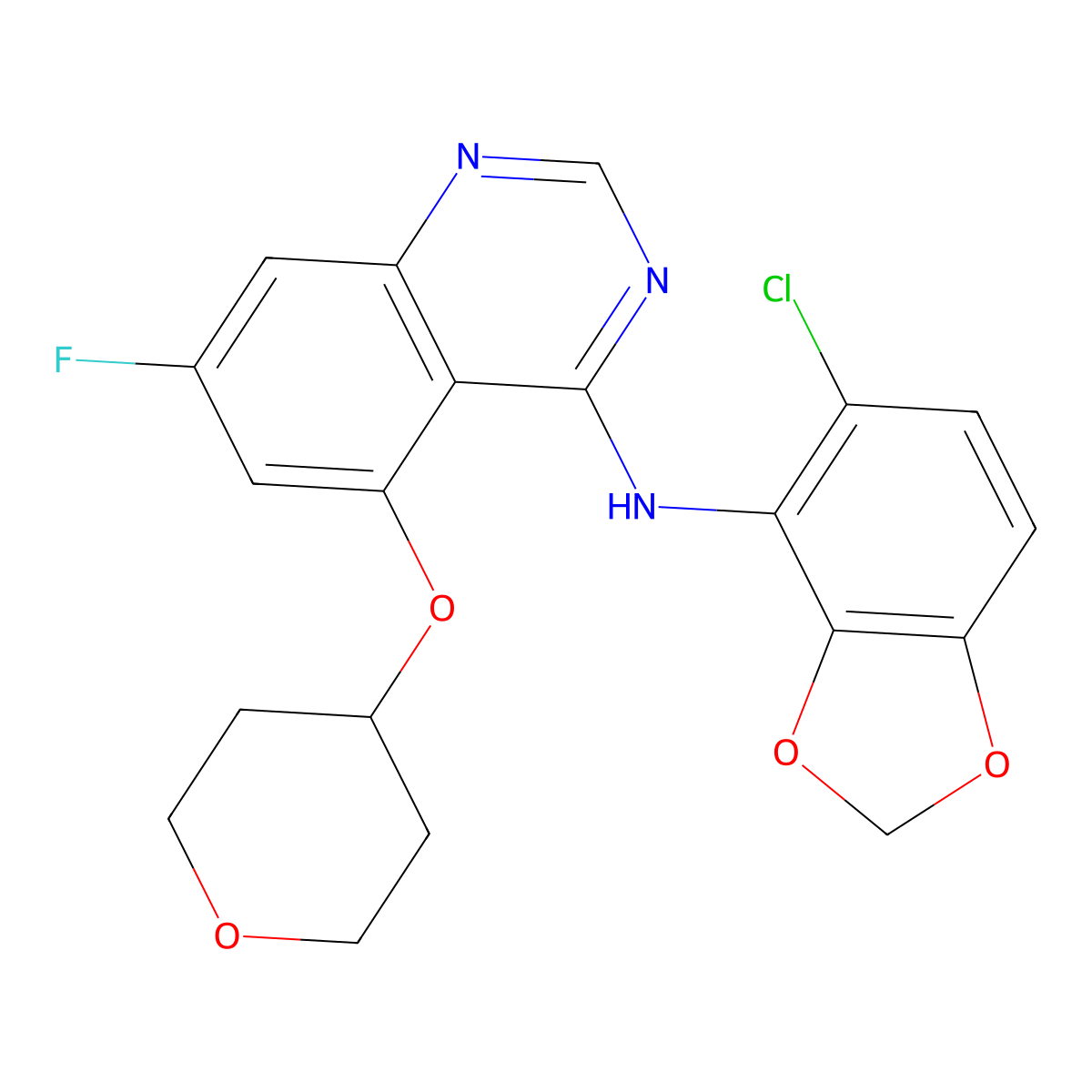 N-(5-Chlorobenzo[d][1,3]dioxol-4-yl)-7-fluoro-5-((tetrahydro-2H-pyran-4-yl)oxy)quinazolin-4-amine molecular structure, CAS 379230-38-3