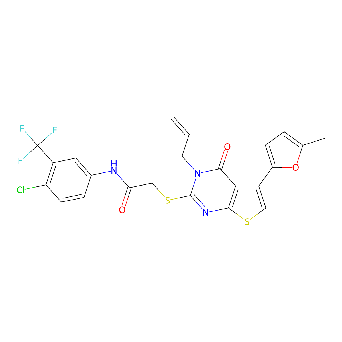 2-((3-allyl-5-(5-methylfuran-2-yl)-4-oxo-3,4-dihydrothieno[2,3-d]pyrimidin-2-yl)thio)-N-(4-chloro-3-(trifluoromethyl)phenyl)acetamide molecular structure, CAS 379235-92-4