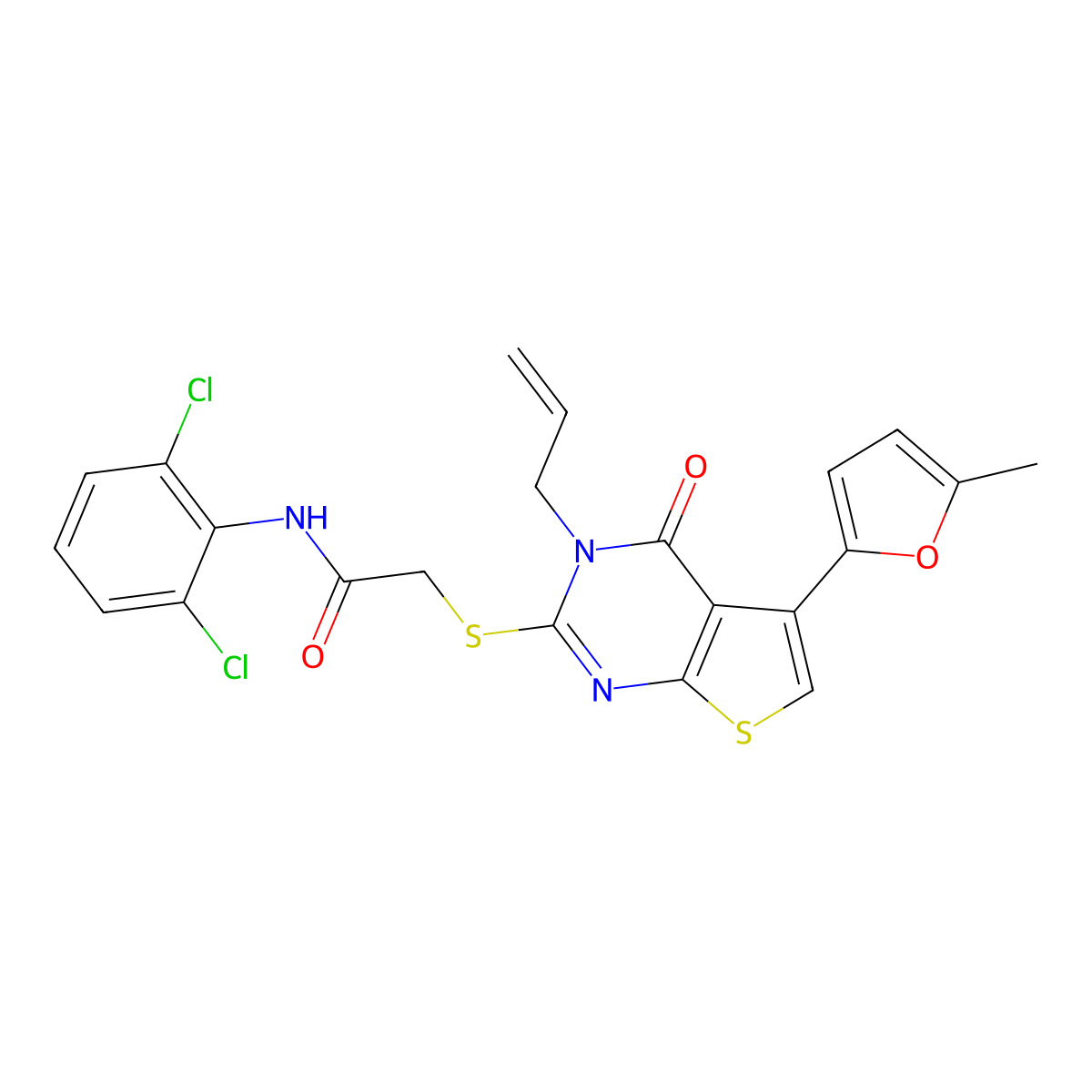 N-(2,6-dichlorophenyl)-2-[5-(5-methylfuran-2-yl)-4-oxo-3-prop-2-enylthieno[2,3-d]pyrimidin-2-yl]sulfanylacetamide molecular structure, CAS 379235-97-9