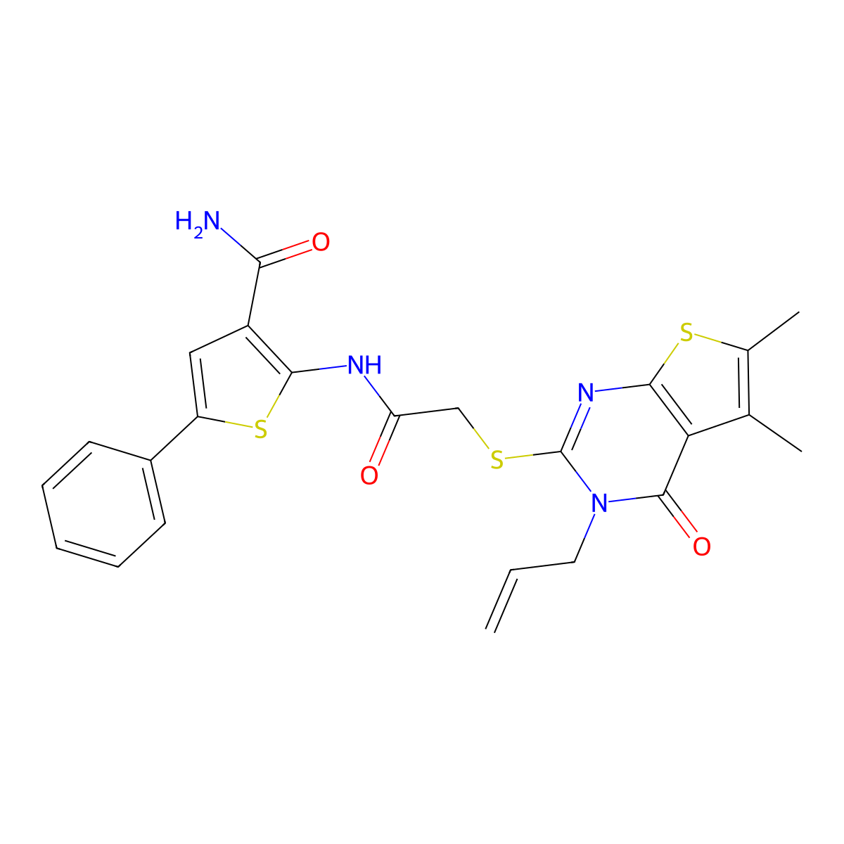 2-[[2-(5,6-Dimethyl-4-oxo-3-prop-2-enylthieno[2,3-d]pyrimidin-2-yl)sulfanylacetyl]amino]-5-phenylthiophene-3-carboxamide molecular structure, CAS 379235-99-1