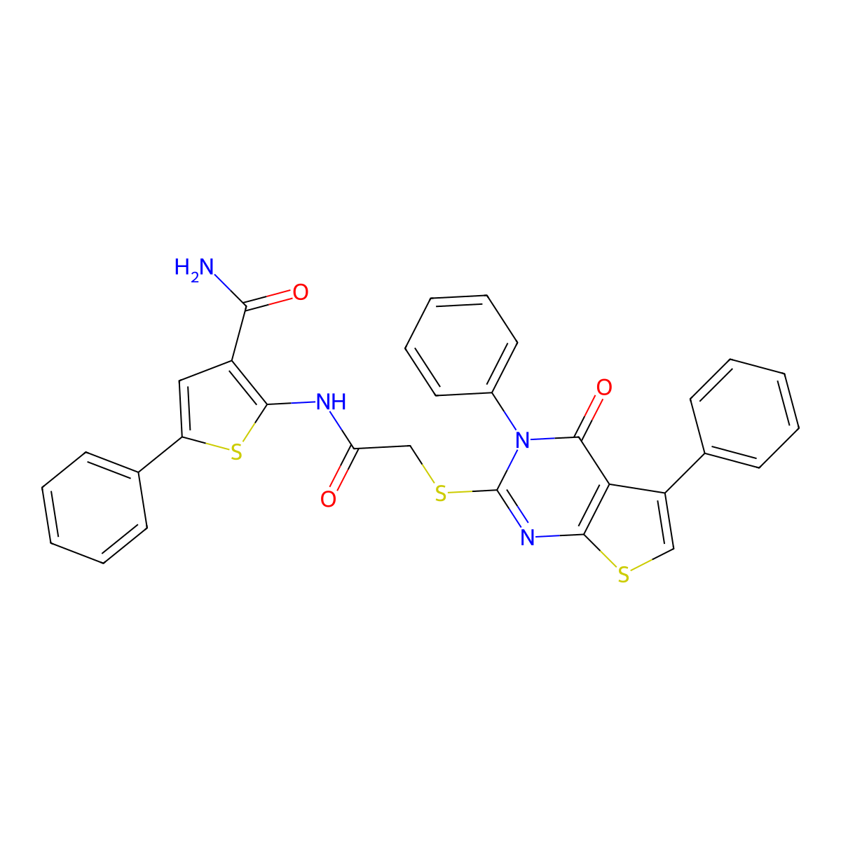 2-[[2-(4-Oxo-3,5-diphenylthieno[2,3-d]pyrimidin-2-yl)sulfanylacetyl]amino]-5-phenylthiophene-3-carboxamide molecular structure, CAS 379236-00-7