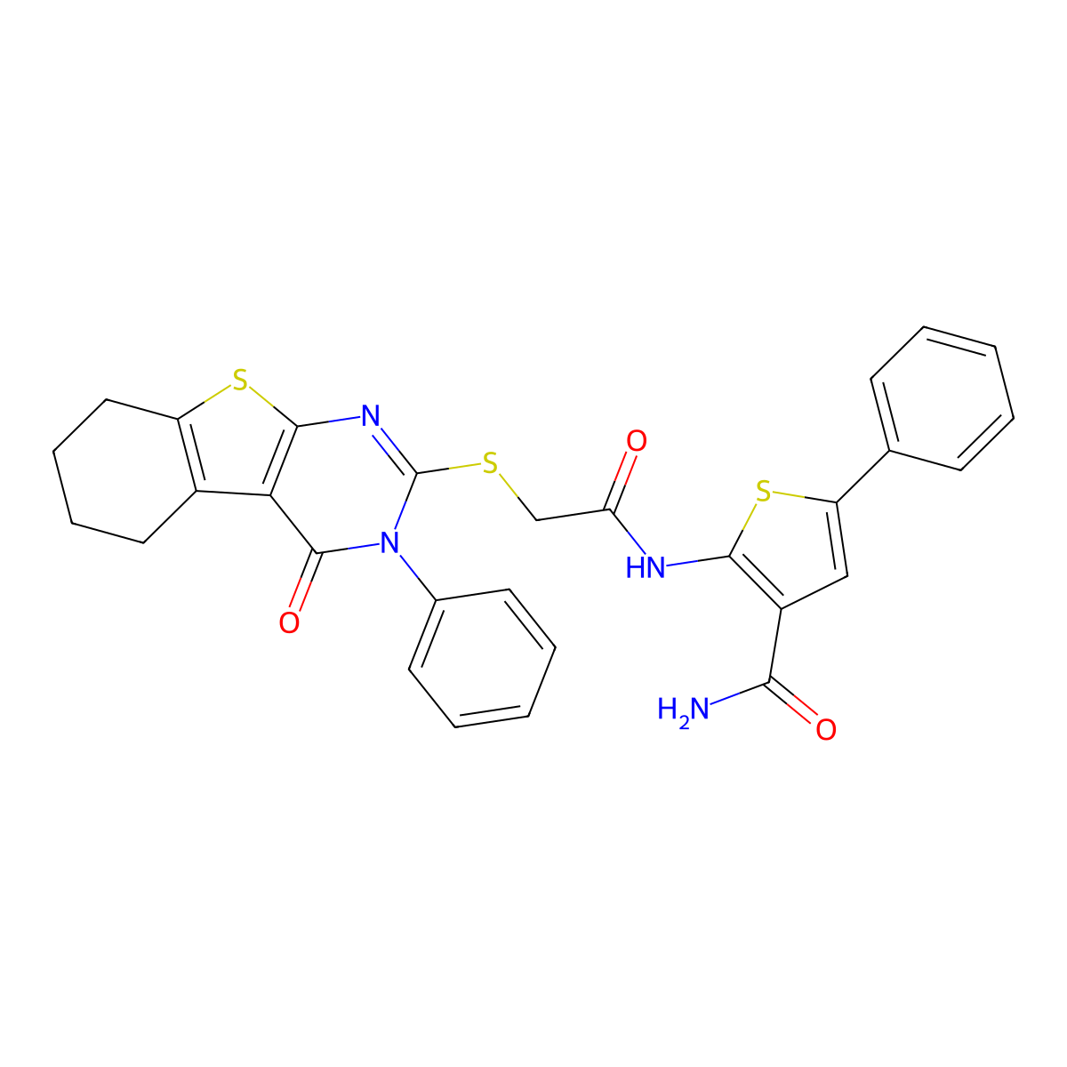 2-[[2-[(4-Oxo-3-phenyl-5,6,7,8-tetrahydro-[1]benzothiolo[2,3-d]pyrimidin-2-yl)sulfanyl]acetyl]amino]-5-phenylthiophene-3-carboxamide molecular structure, CAS 379236-01-8