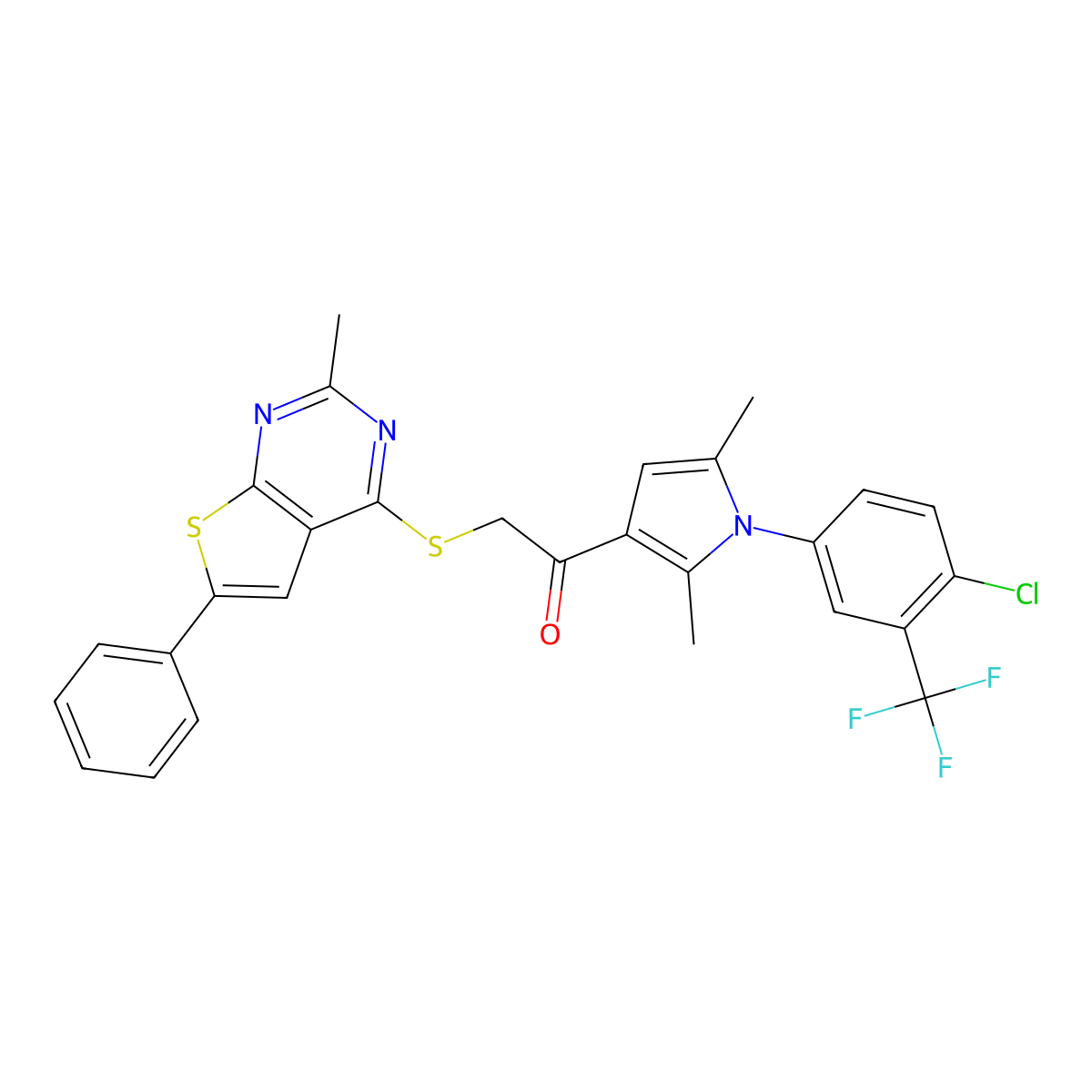 1-[1-[4-Chloro-3-(trifluoromethyl)phenyl]-2,5-dimethylpyrrol-3-yl]-2-(2-methyl-6-phenylthieno[2,3-d]pyrimidin-4-yl)sulfanylethanone molecular structure, CAS 379236-07-4