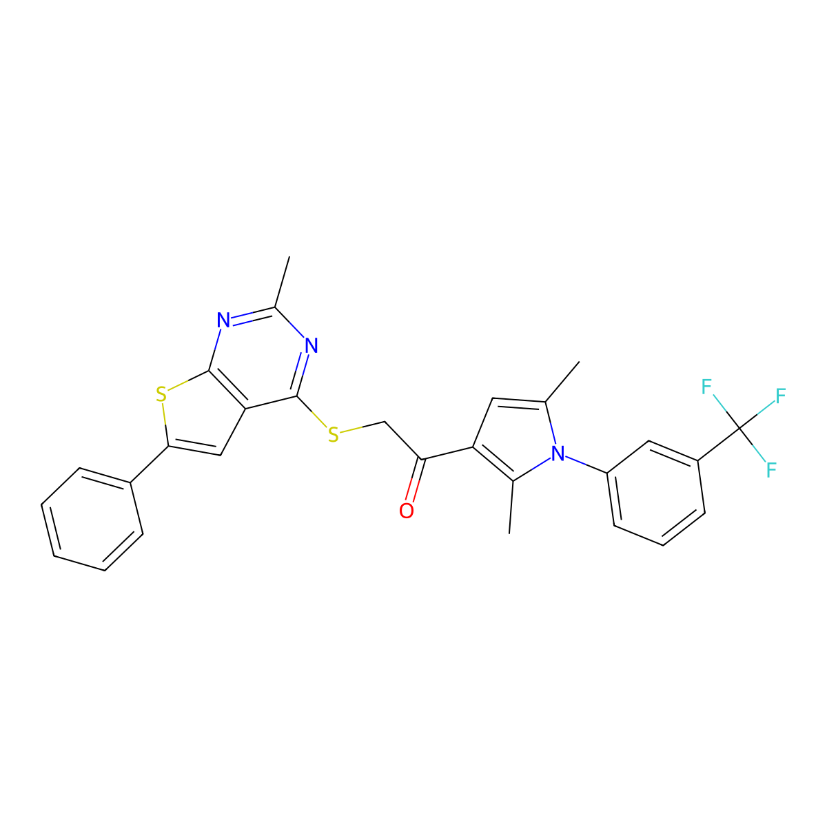 1-(2,5-dimethyl-1-(3-(trifluoromethyl)phenyl)-1H-pyrrol-3-yl)-2-((2-methyl-6-phenylthieno[2,3-d]pyrimidin-4-yl)thio)ethanone molecular structure, CAS 379236-08-5