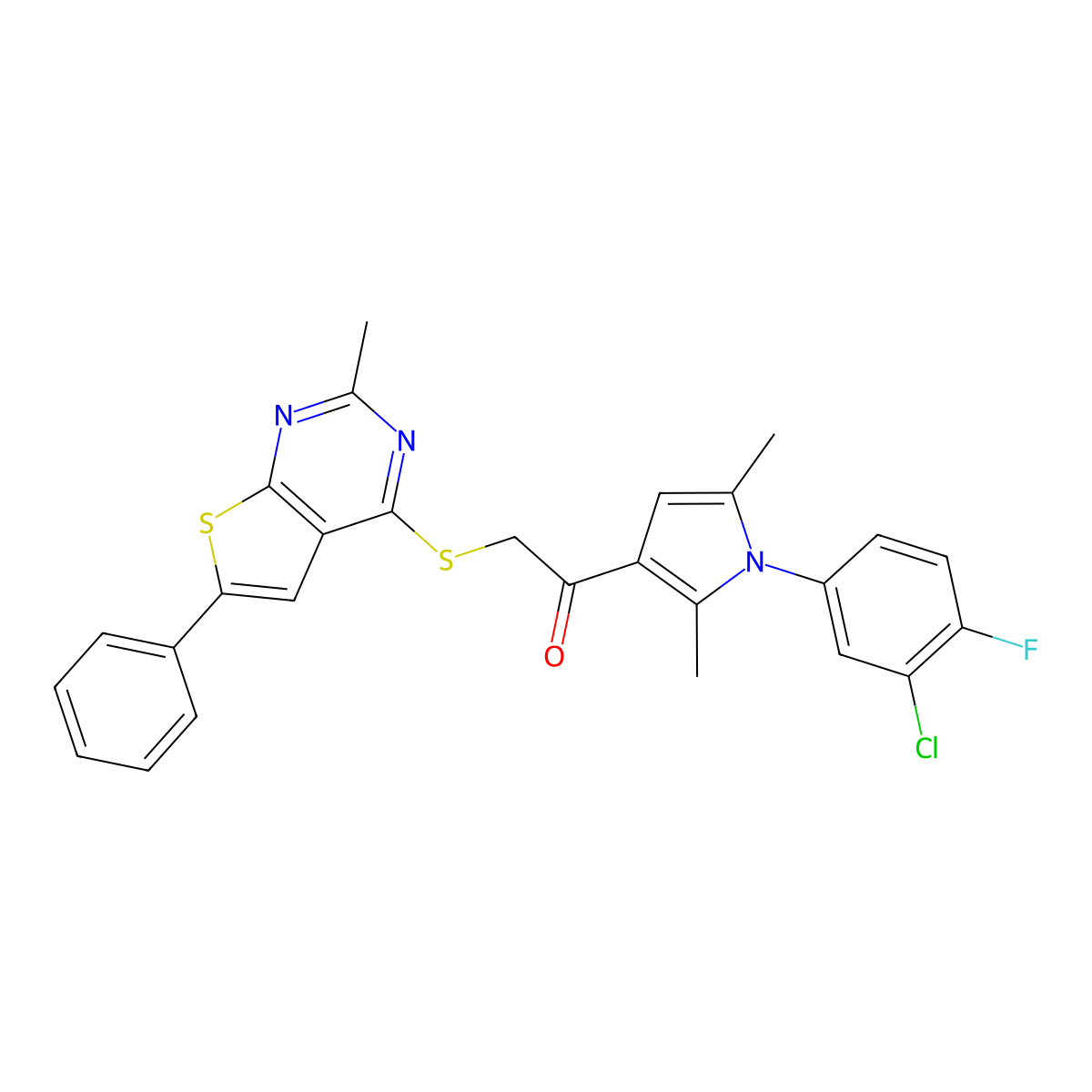 1-[1-(3-Chloro-4-fluorophenyl)-2,5-dimethylpyrrol-3-yl]-2-(2-methyl-6-phenylthieno[2,3-d]pyrimidin-4-yl)sulfanylethanone molecular structure, CAS 379236-09-6