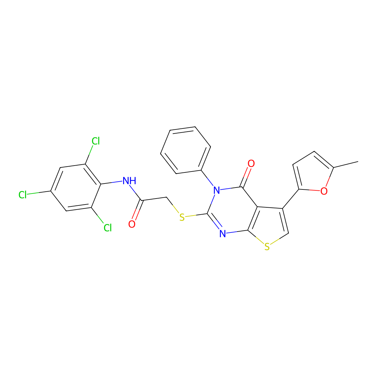 2-[5-(5-methylfuran-2-yl)-4-oxo-3-phenylthieno[2,3-d]pyrimidin-2-yl]sulfanyl-N-(2,4,6-trichlorophenyl)acetamide molecular structure, CAS 379236-13-2