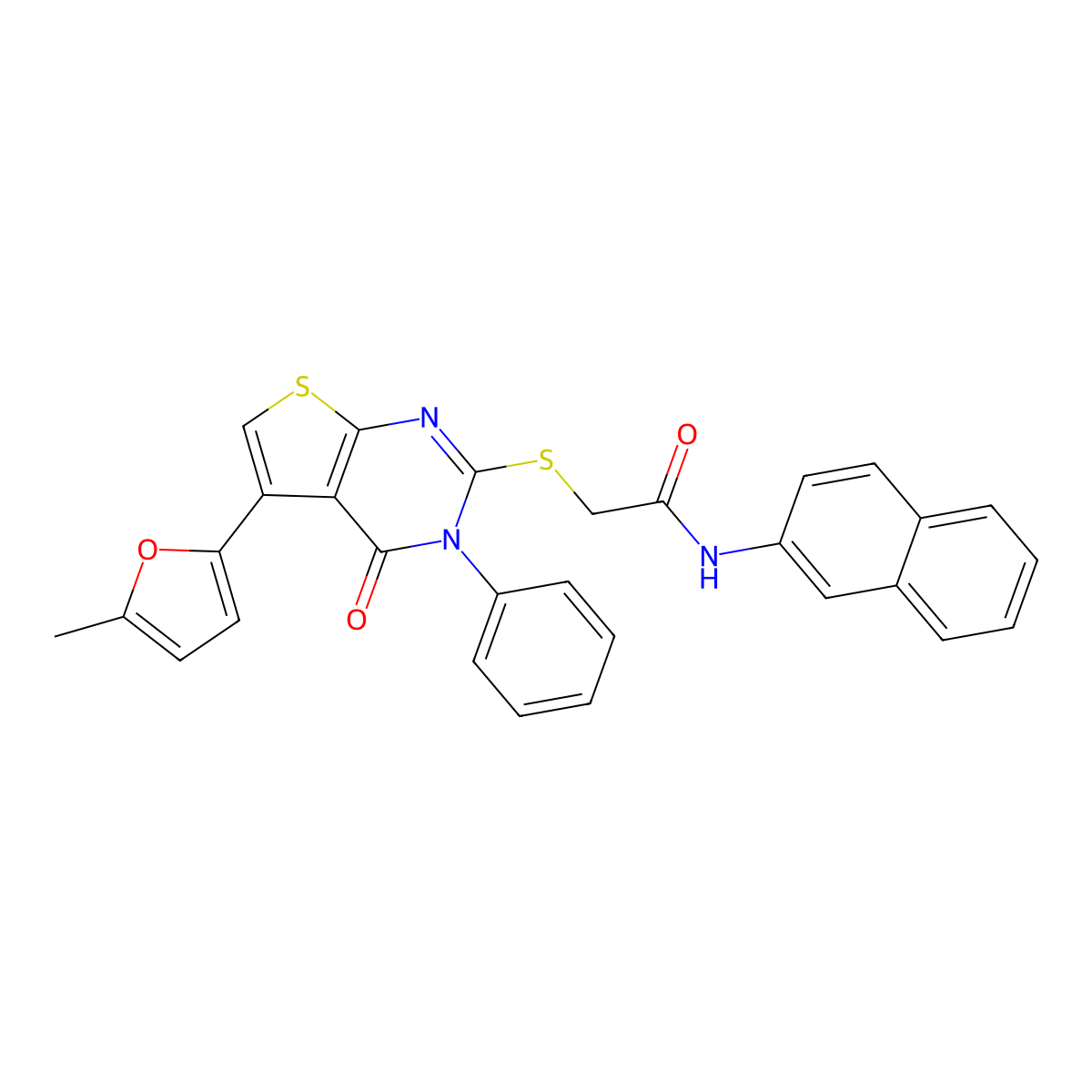 2-[5-(5-methylfuran-2-yl)-4-oxo-3-phenylthieno[2,3-d]pyrimidin-2-yl]sulfanyl-N-naphthalen-2-ylacetamide molecular structure, CAS 379236-14-3