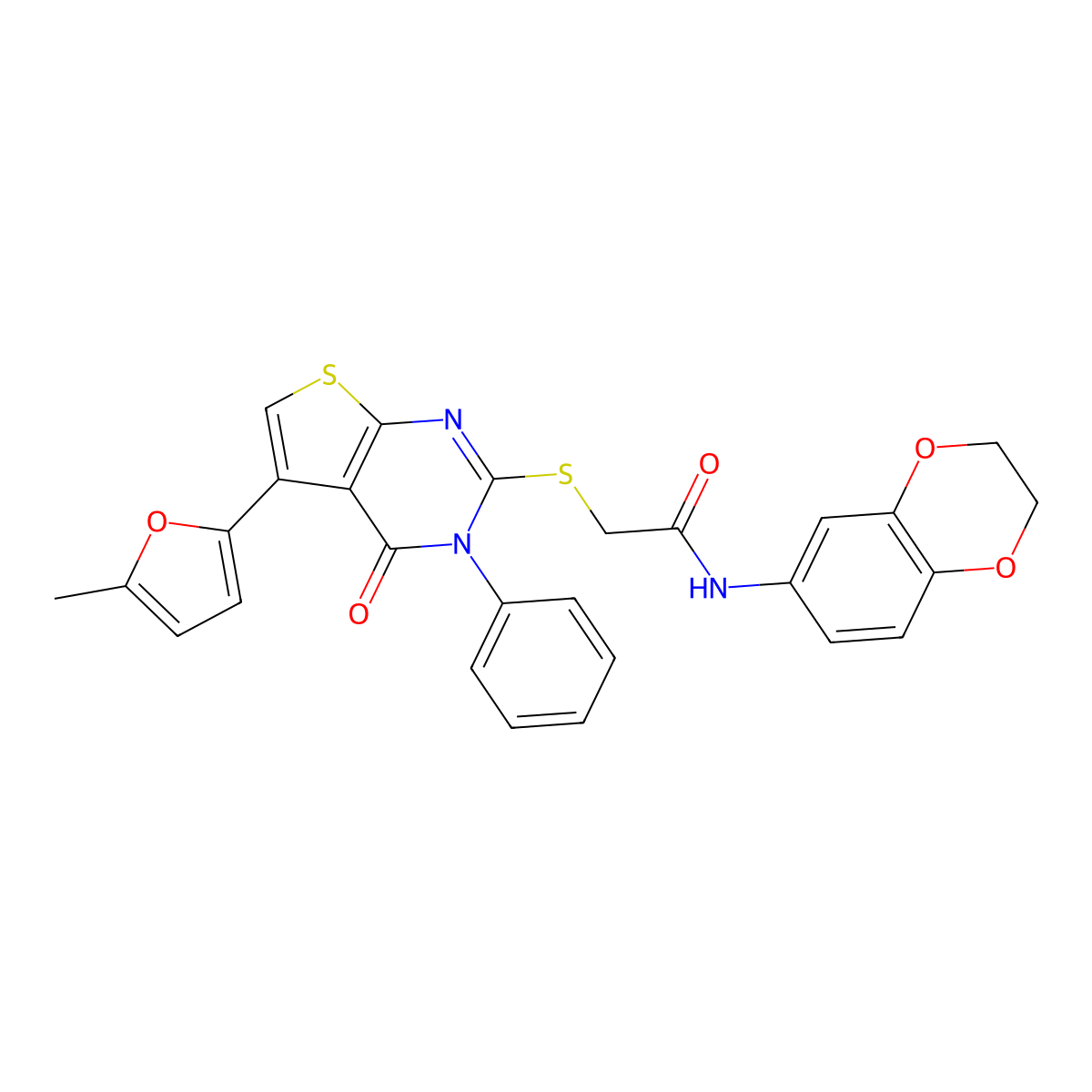 N-(2,3-dihydro-1,4-benzodioxin-6-yl)-2-[5-(5-methylfuran-2-yl)-4-oxo-3-phenylthieno[2,3-d]pyrimidin-2-yl]sulfanylacetamide molecular structure, CAS 379236-17-6