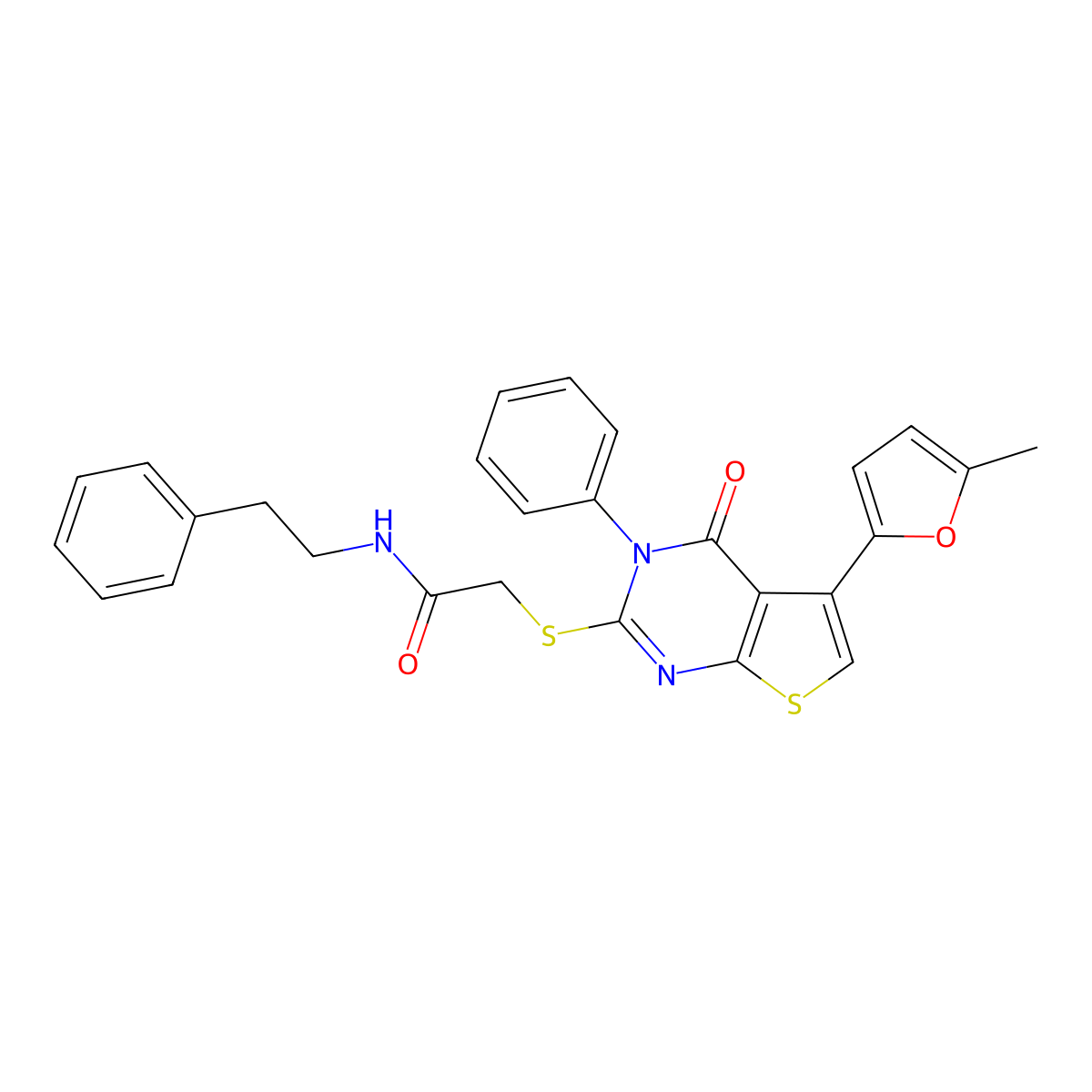 2-((5-(5-methylfuran-2-yl)-4-oxo-3-phenyl-3,4-dihydrothieno[2,3-d]pyrimidin-2-yl)thio)-N-phenethylacetamide molecular structure, CAS 379236-18-7