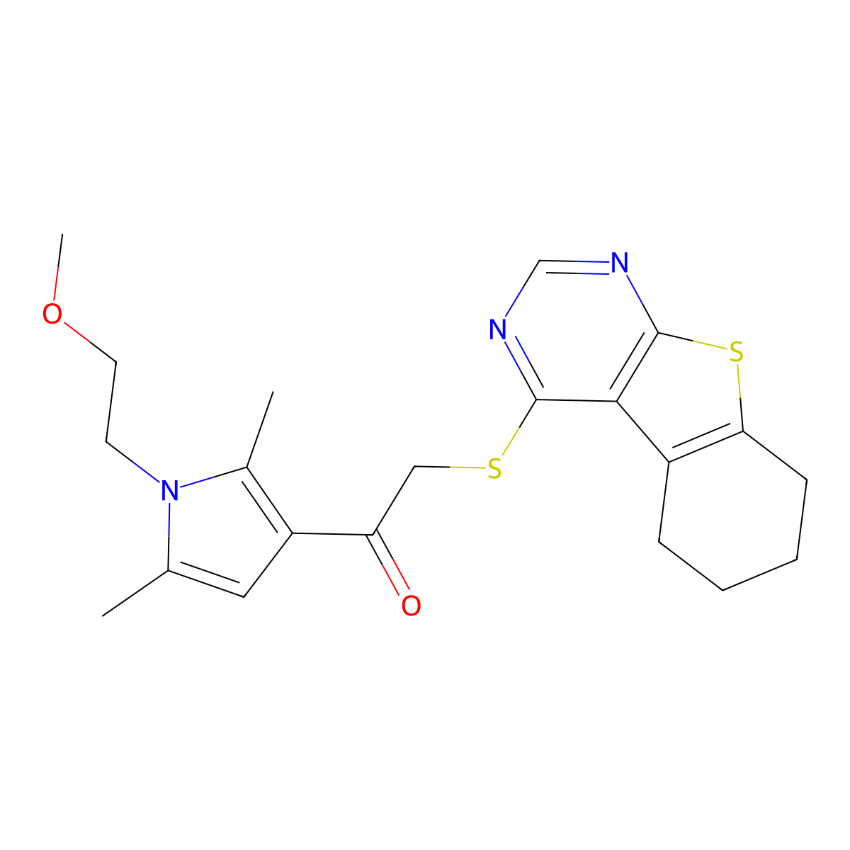1-[1-(2-Methoxyethyl)-2,5-dimethylpyrrol-3-yl]-2-(5,6,7,8-tetrahydro-[1]benzothiolo[2,3-d]pyrimidin-4-ylsulfanyl)ethanone molecular structure, CAS 379236-19-8