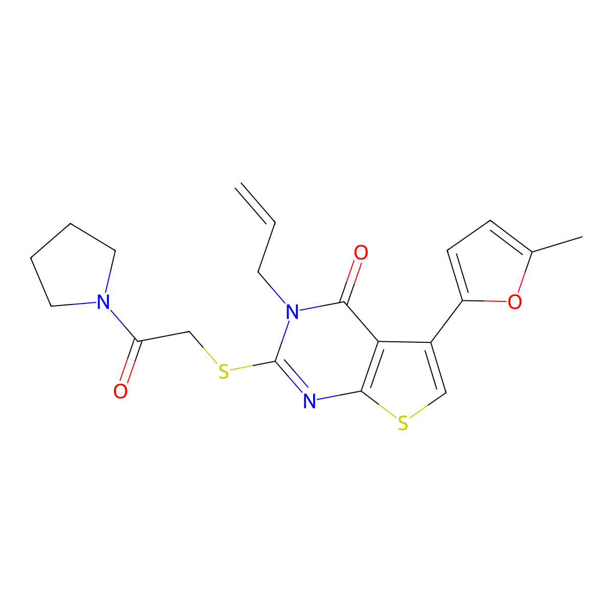 3-allyl-5-(5-methylfuran-2-yl)-2-((2-oxo-2-(pyrrolidin-1-yl)ethyl)thio)thieno[2,3-d]pyrimidin-4(3H)-one molecular structure, CAS 379236-21-2