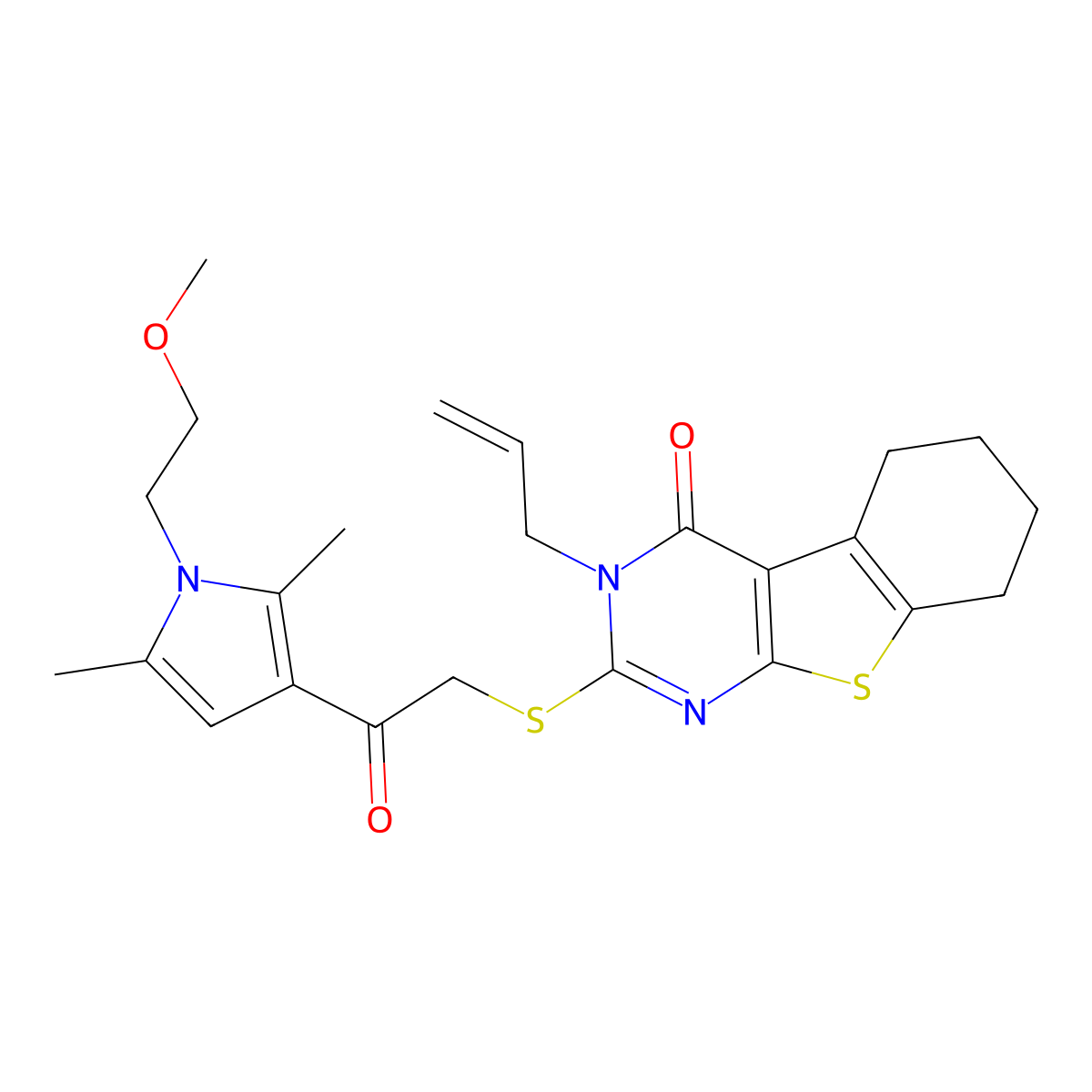 2-[2-[1-(2-Methoxyethyl)-2,5-dimethylpyrrol-3-yl]-2-oxoethyl]sulfanyl-3-prop-2-enyl-5,6,7,8-tetrahydro-[1]benzothiolo[2,3-d]pyrimidin-4-one molecular structure, CAS 379236-23-4