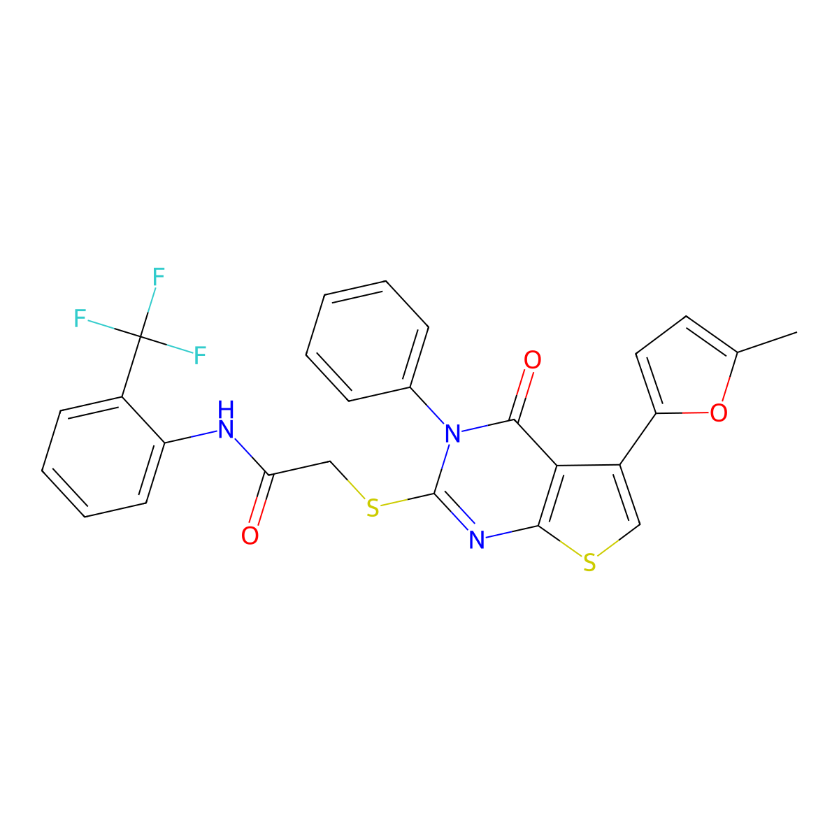 2-[5-(5-methylfuran-2-yl)-4-oxo-3-phenylthieno[2,3-d]pyrimidin-2-yl]sulfanyl-N-[2-(trifluoromethyl)phenyl]acetamide molecular structure, CAS 379236-29-0