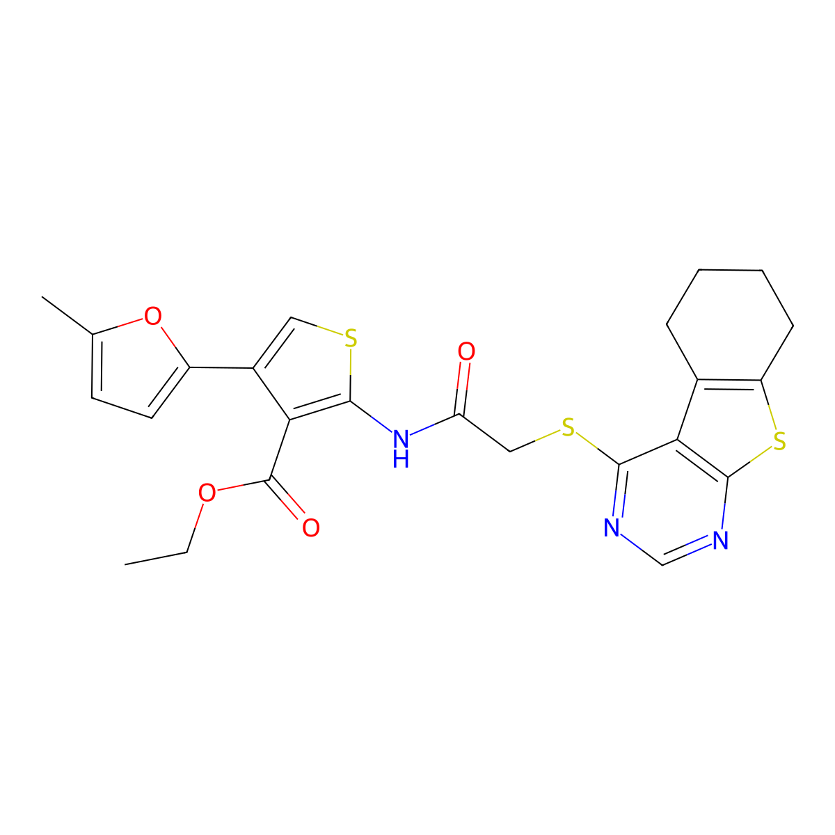 Ethyl 4-(5-methylfuran-2-yl)-2-[[2-(5,6,7,8-tetrahydro-[1]benzothiolo[2,3-d]pyrimidin-4-ylsulfanyl)acetyl]amino]thiophene-3-carboxylate molecular structure, CAS 379236-31-4