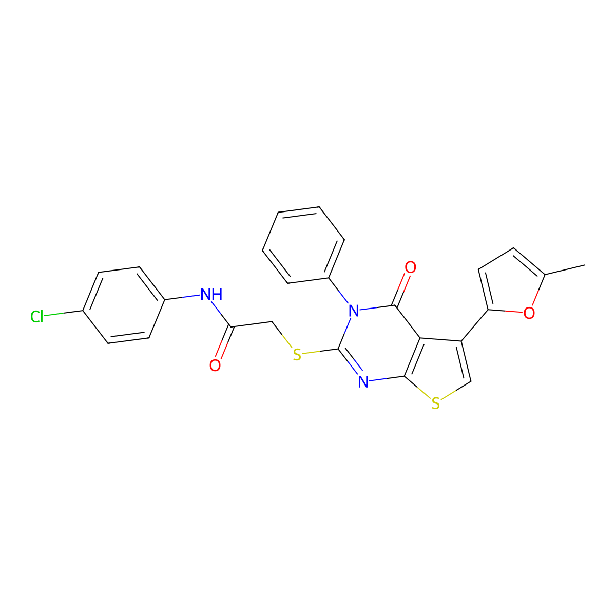 N-(4-chlorophenyl)-2-[5-(5-methylfuran-2-yl)-4-oxo-3-phenylthieno[2,3-d]pyrimidin-2-yl]sulfanylacetamide molecular structure, CAS 379236-32-5