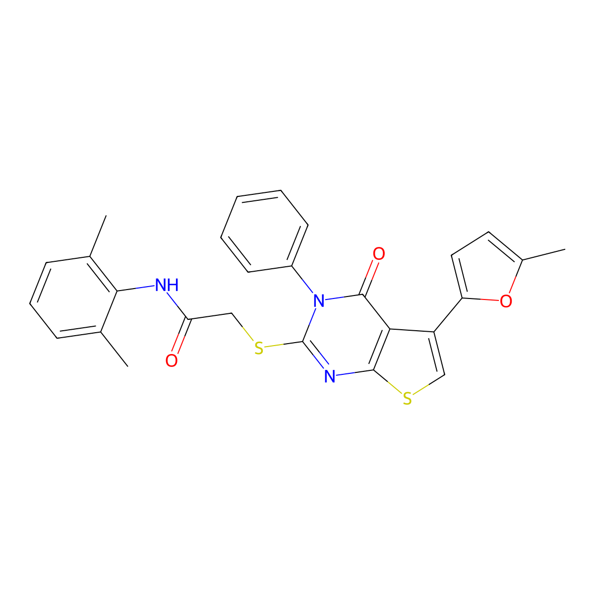 N-(2,6-dimethylphenyl)-2-[5-(5-methylfuran-2-yl)-4-oxo-3-phenylthieno[2,3-d]pyrimidin-2-yl]sulfanylacetamide molecular structure, CAS 379236-33-6