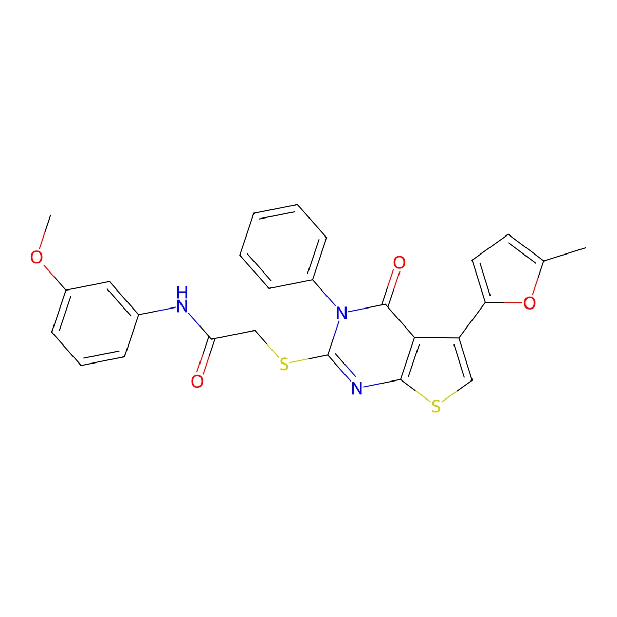 N-(3-methoxyphenyl)-2-[5-(5-methylfuran-2-yl)-4-oxo-3-phenylthieno[2,3-d]pyrimidin-2-yl]sulfanylacetamide molecular structure, CAS 379236-34-7