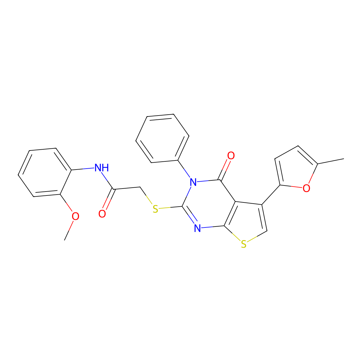 N-(2-methoxyphenyl)-2-[5-(5-methylfuran-2-yl)-4-oxo-3-phenylthieno[2,3-d]pyrimidin-2-yl]sulfanylacetamide molecular structure, CAS 379236-35-8