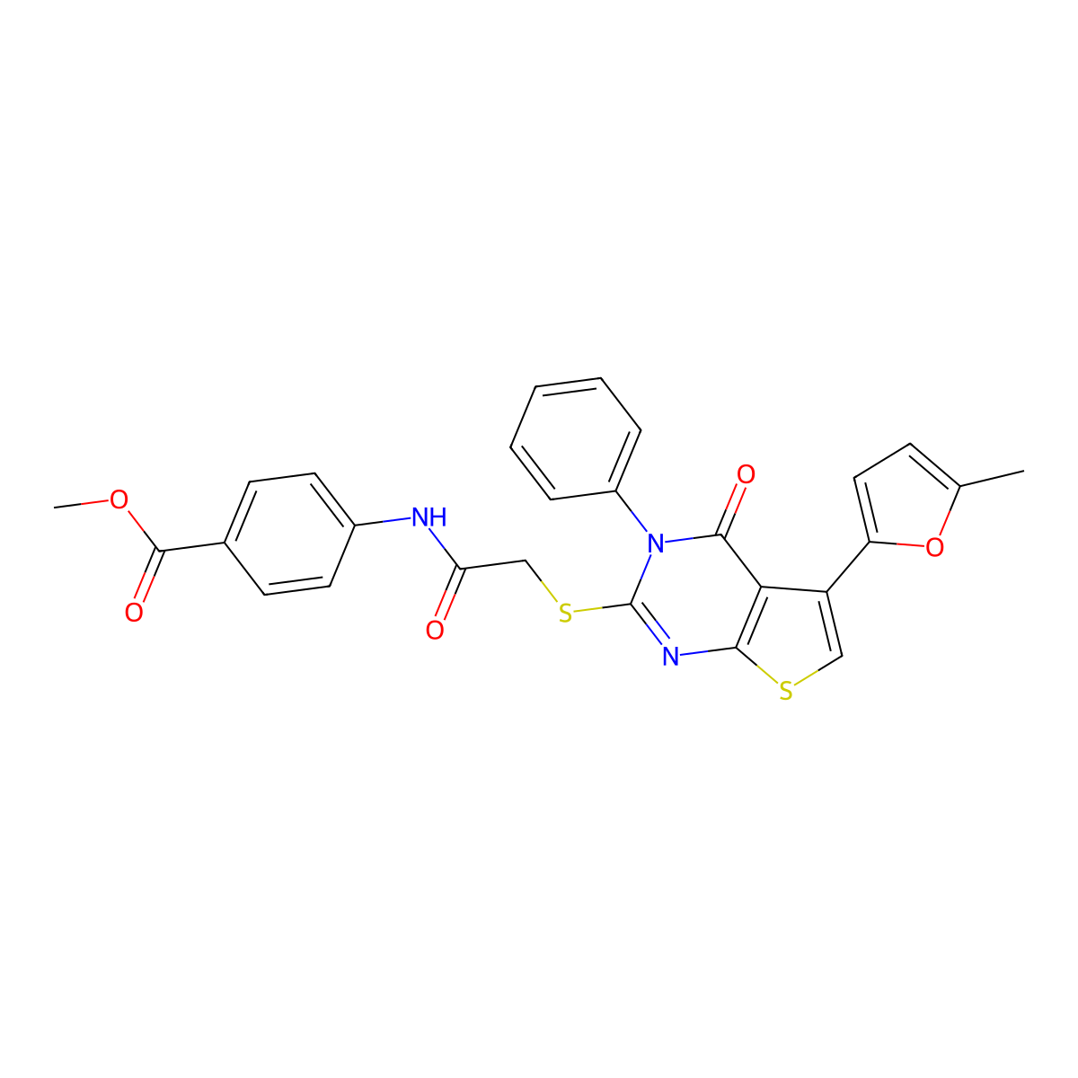 Methyl 4-[[2-[5-(5-methylfuran-2-yl)-4-oxo-3-phenylthieno[2,3-d]pyrimidin-2-yl]sulfanylacetyl]amino]benzoate molecular structure, CAS 379236-37-0