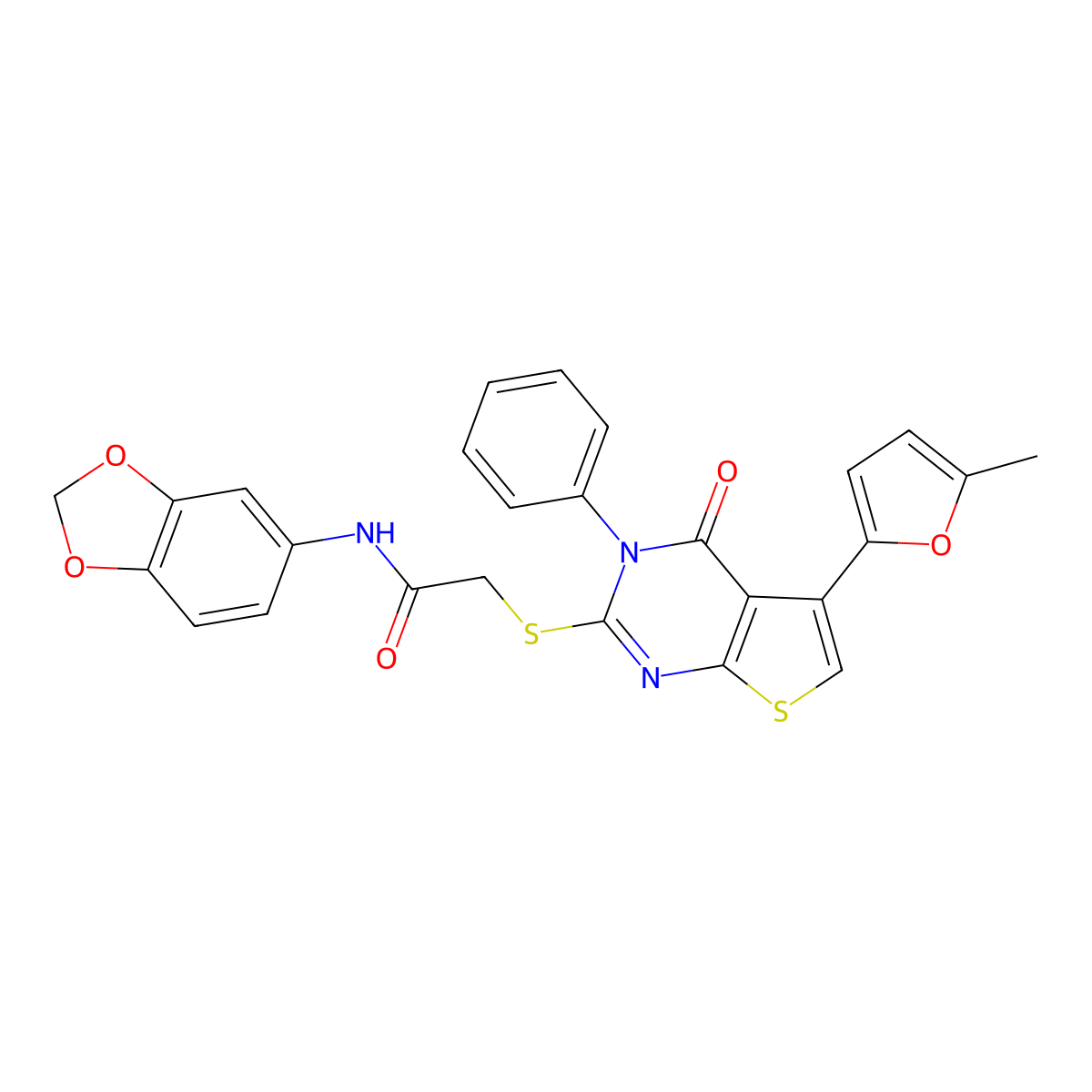 N-(1,3-benzodioxol-5-yl)-2-[5-(5-methylfuran-2-yl)-4-oxo-3-phenylthieno[2,3-d]pyrimidin-2-yl]sulfanylacetamide molecular structure, CAS 379236-38-1