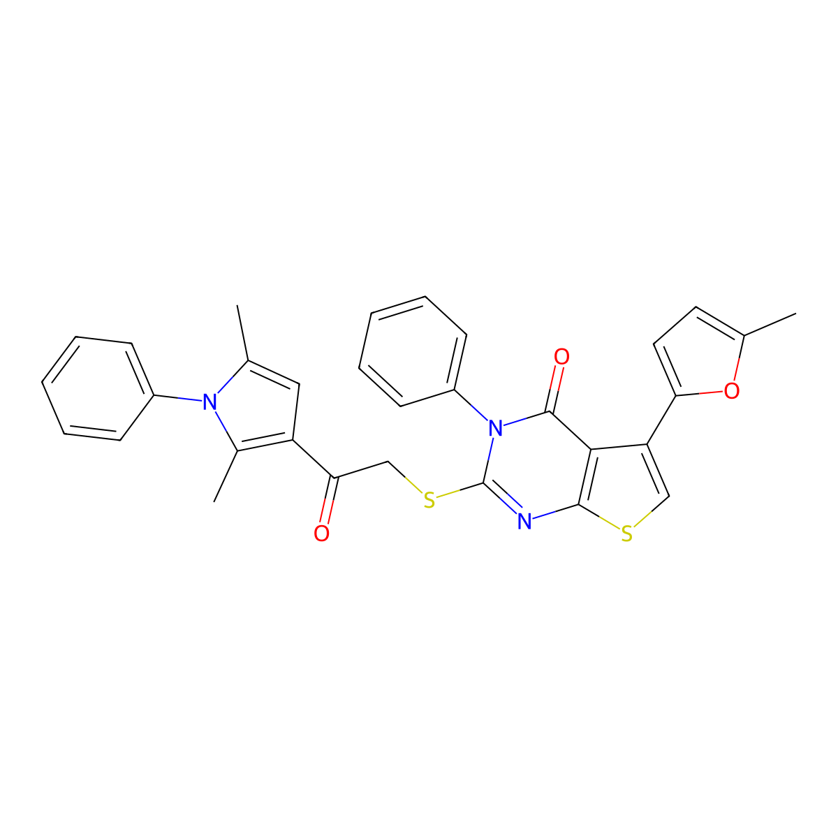 2-[2-(2,5-Dimethyl-1-phenylpyrrol-3-yl)-2-oxoethyl]sulfanyl-5-(5-methylfuran-2-yl)-3-phenylthieno[2,3-d]pyrimidin-4-one molecular structure, CAS 379236-39-2