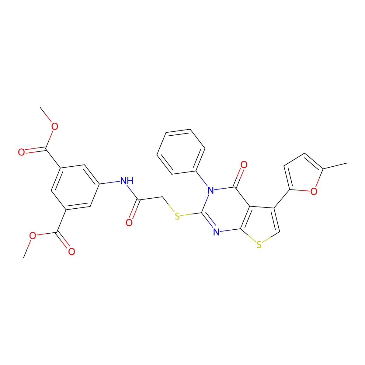 Dimethyl 5-(2-((5-(5-methylfuran-2-yl)-4-oxo-3-phenyl-3,4-dihydrothieno[2,3-d]pyrimidin-2-yl)thio)acetamido)isophthalate molecular structure, CAS 379236-40-5