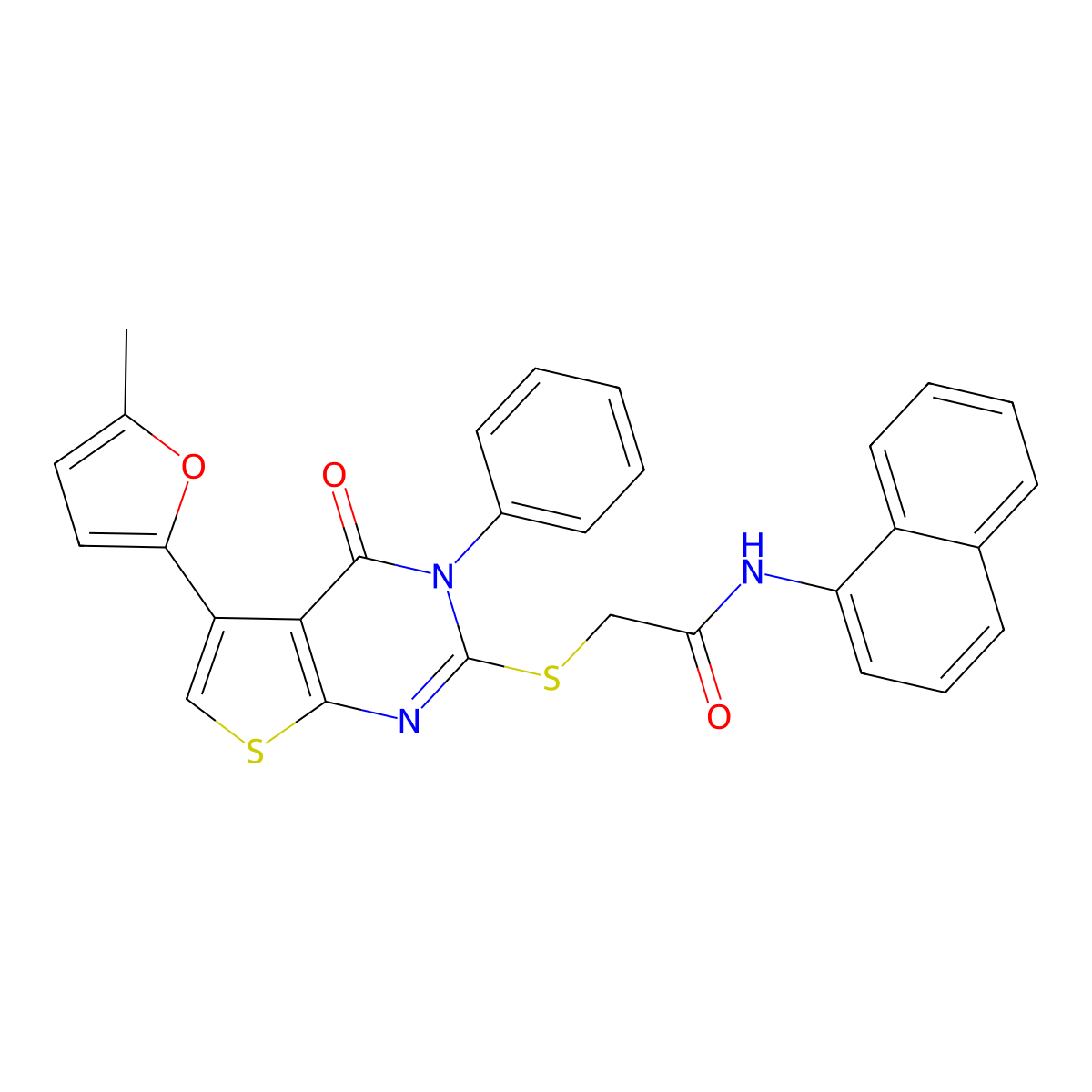 2-[5-(5-methylfuran-2-yl)-4-oxo-3-phenylthieno[2,3-d]pyrimidin-2-yl]sulfanyl-N-naphthalen-1-ylacetamide molecular structure, CAS 379236-43-8