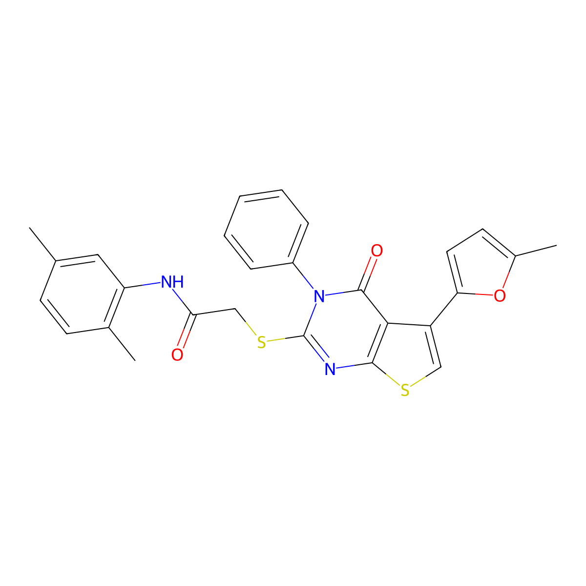 N-(2,5-dimethylphenyl)-2-[5-(5-methylfuran-2-yl)-4-oxo-3-phenylthieno[2,3-d]pyrimidin-2-yl]sulfanylacetamide molecular structure, CAS 379236-45-0